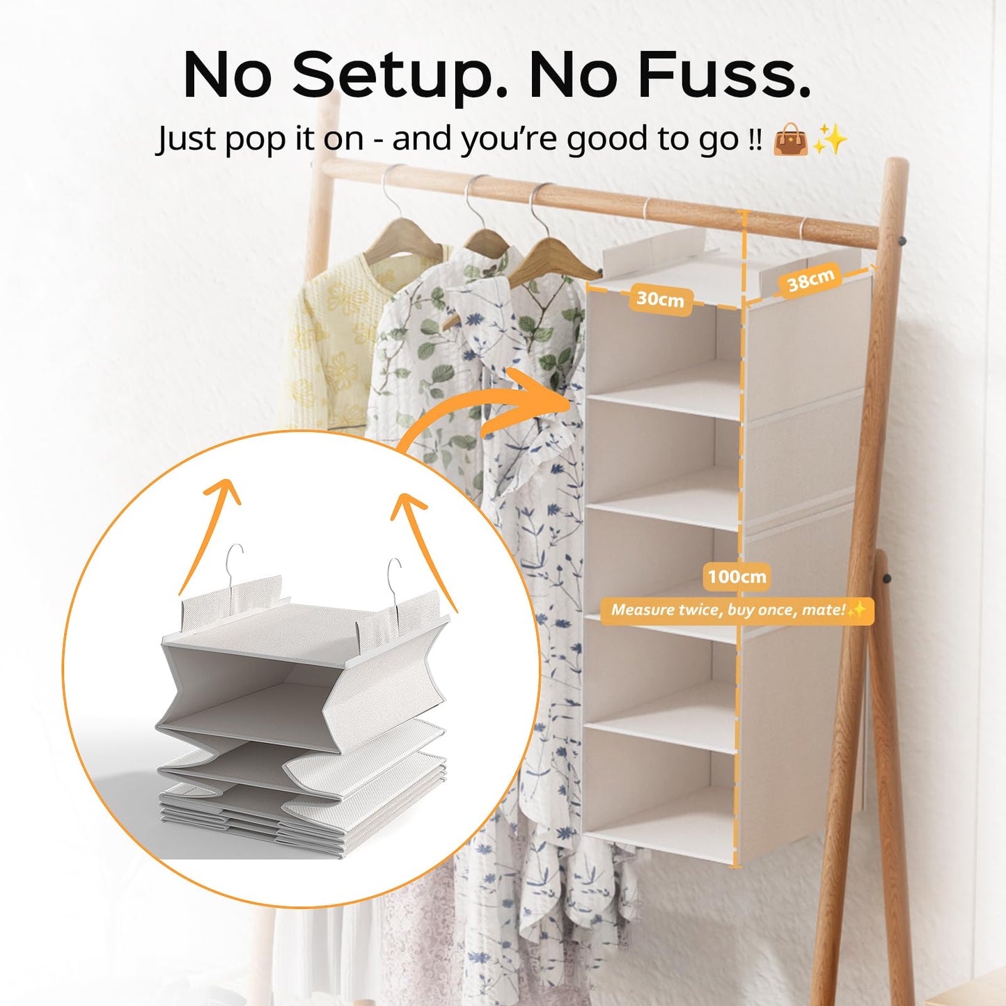 ALLTIDYUP Extra Deep Hanging Wardrobe Organizer – 5-Shelf Closet Storage with Large Mesh Pockets, Heavy-Duty Clothes Organizer, Perfect for Dorms