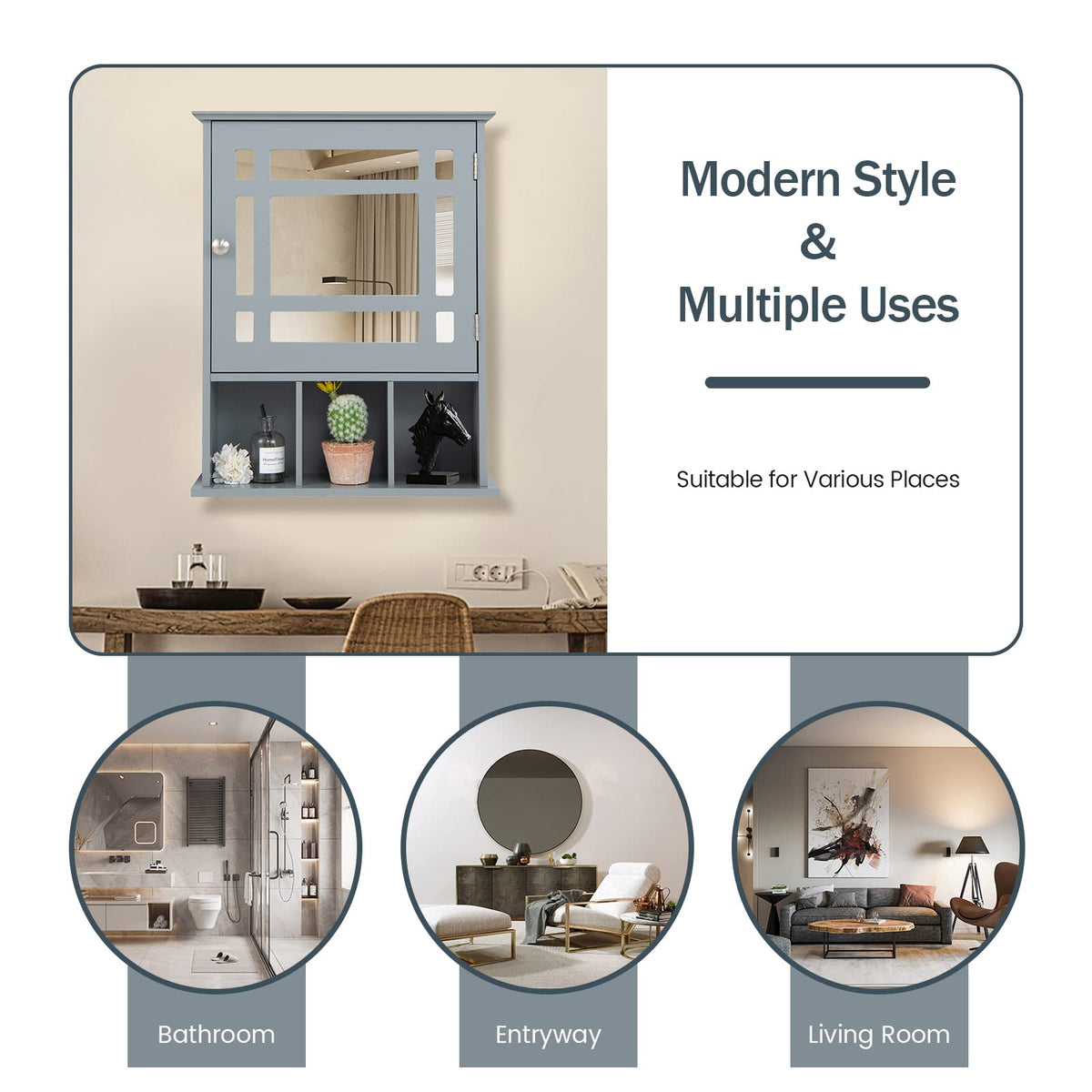 CASART Wall Mounted Bathroom Cabinet, Single Door Storage Mirrored Cupboard with Adjustable Shelf and 3 Open Compartments