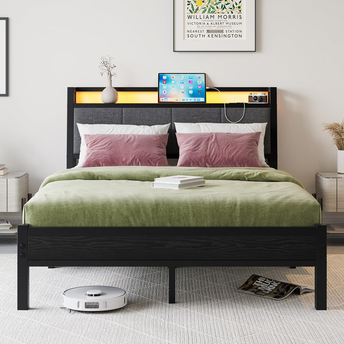 FOUBAM Double Bed Frame, 4FT6 Bed Frame Ergonomics Double with Charging Station and LED Lights