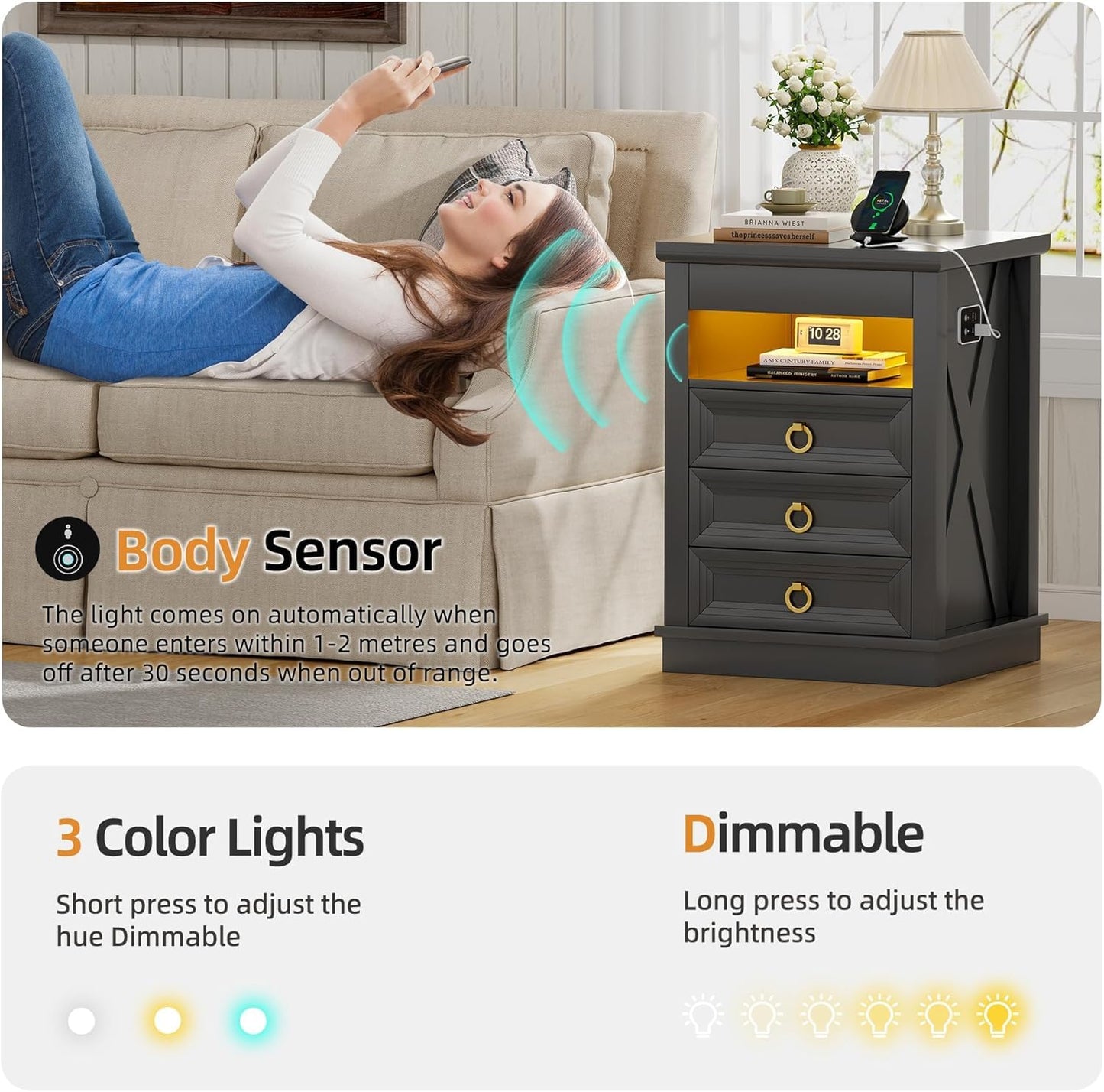 Lvifur Bedside Table - with Hidden Drawer,LED Nightstand with Charging Sation,Smart Night Stand with 3 Color Lights,End Table with Glass Desktop,3