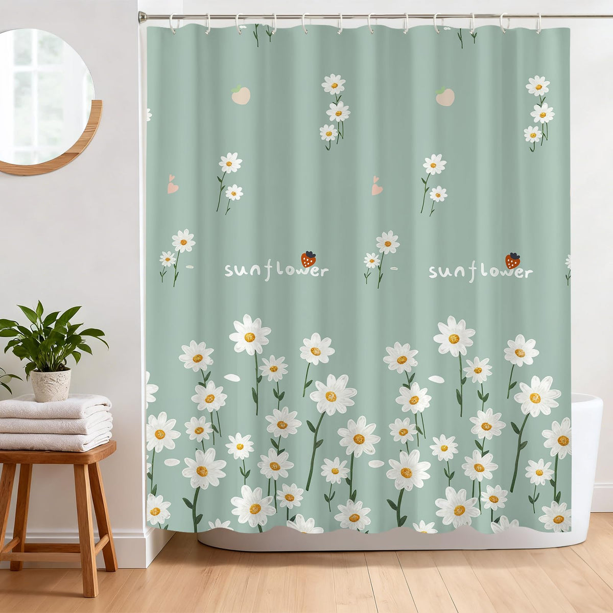 BREASOME Daisy Shower Curtain 180 x 180 cm Green Floral Shower Curtain for Bathroom Decor Mould Proof Waterproof Polyester Fabric Bath Curtain with 12