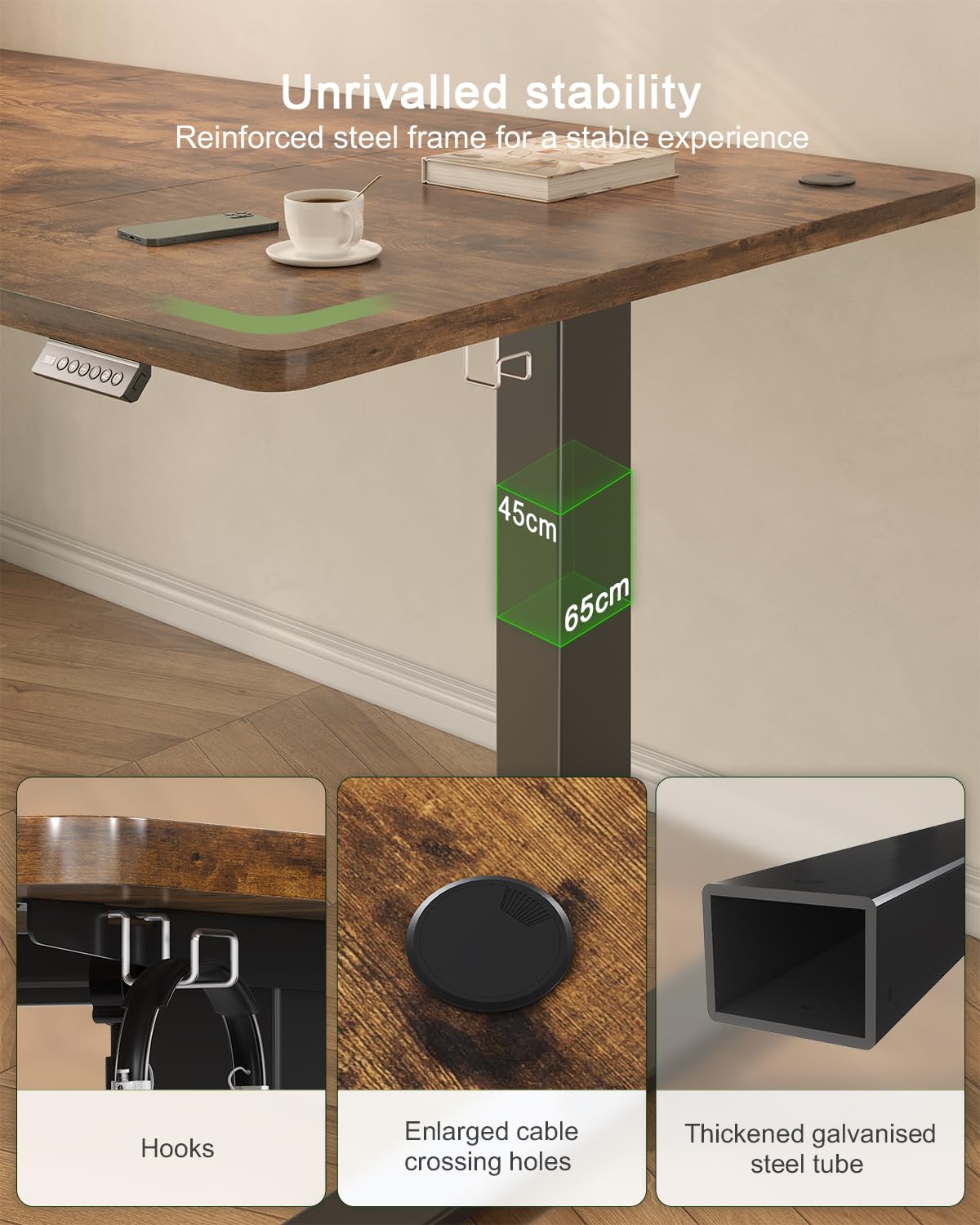 JUMMICO 140x60cm Electric Standing Desk with USB Charging Height Adjustable Desk with Sedentary Reminder Stand Up Desk with Splice Board for Home