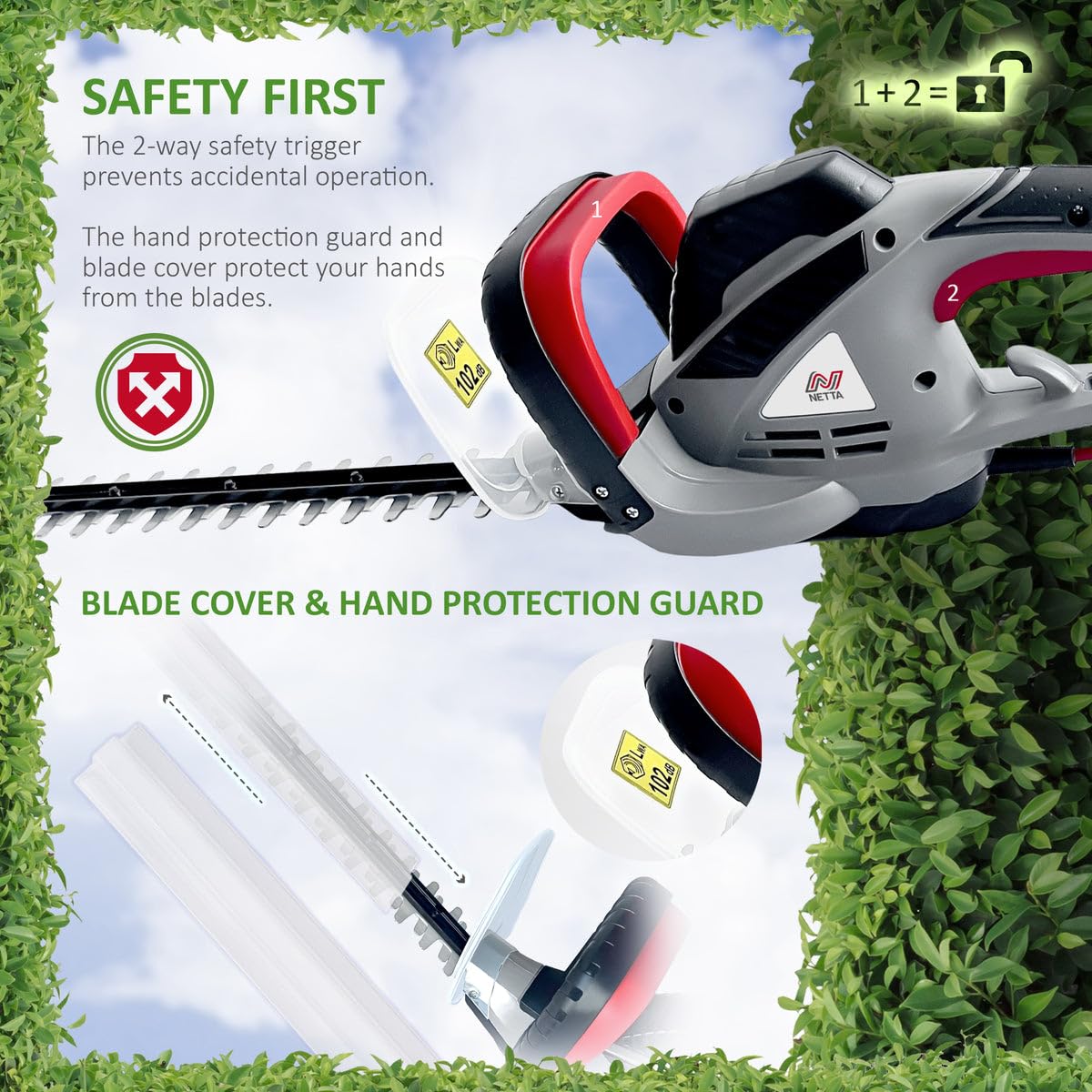 NETTA Hedge Trimmer and Cutter - 600W - 55cm Diamond Cutting Blade - 16mm Tooth Opening - 6M Power Cable - Ultra-Light 2.5Kg - Two-Way Safety Switch -
