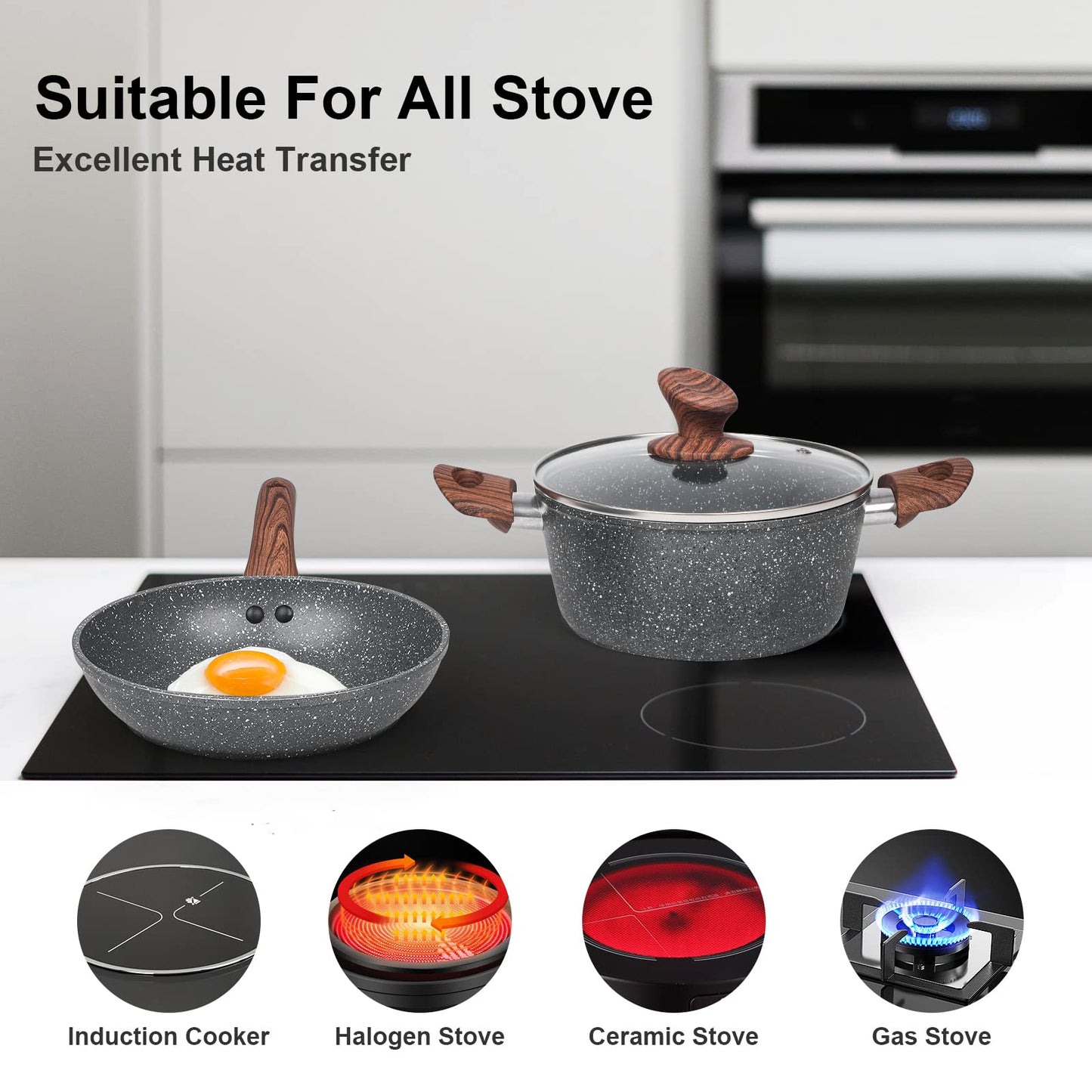 M MELENTA Non Stick Pots and Pans Set, 11 Piece Die-Cast Induction Hob Pan Set, Granite Cookware Set with Frying Pans, Saucepan Set, PFOA Free, Dark