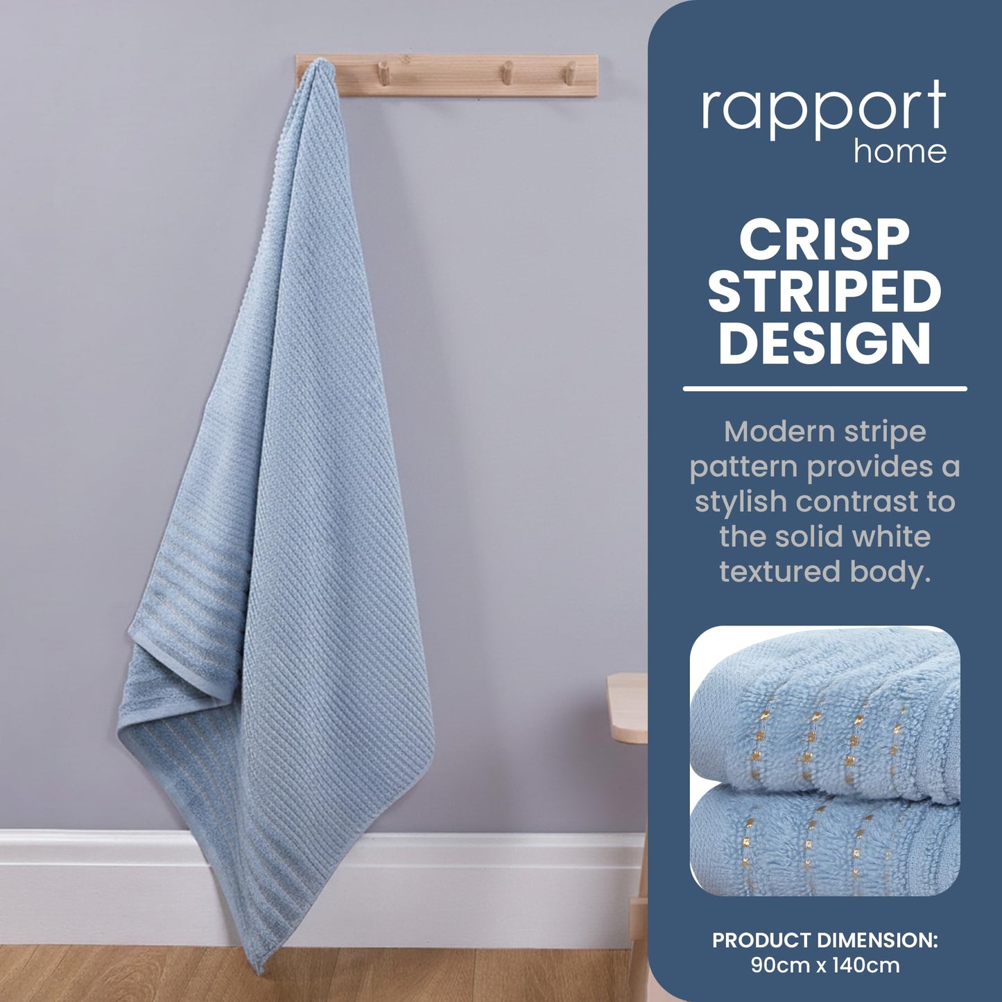 Rapport Home Linear Bath Sheets 2 Pack | Sky Blue | 90x140cm | Luxurious 500GSM 100% Cotton | Oeko-Tex Certified Absorbent & Soft Bathroom Towels