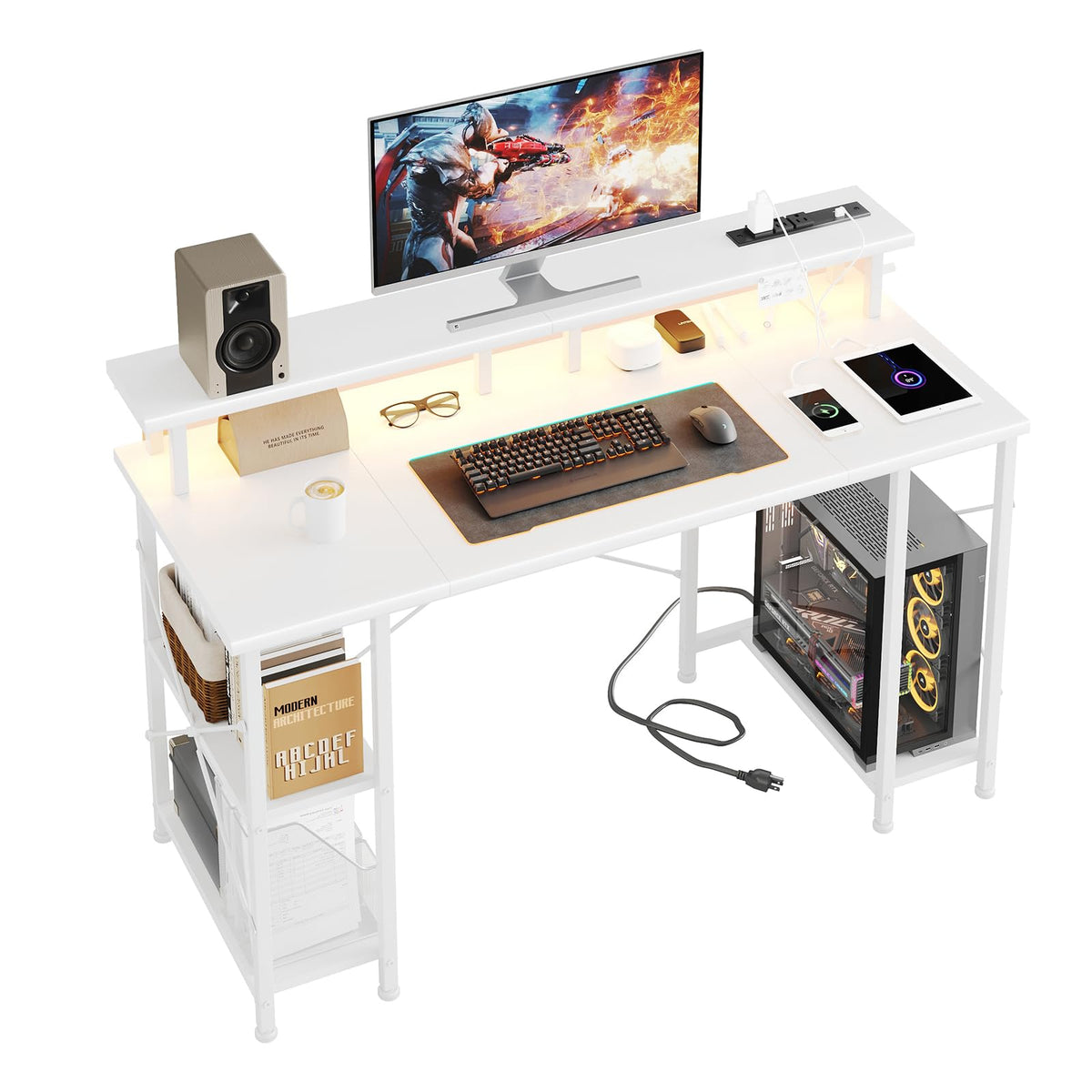 MUTUN Gaming Desk with LED Lights & Power Outlets, 120x50cm Computer Desk with Storage Shelves and Dual Monitor Stand