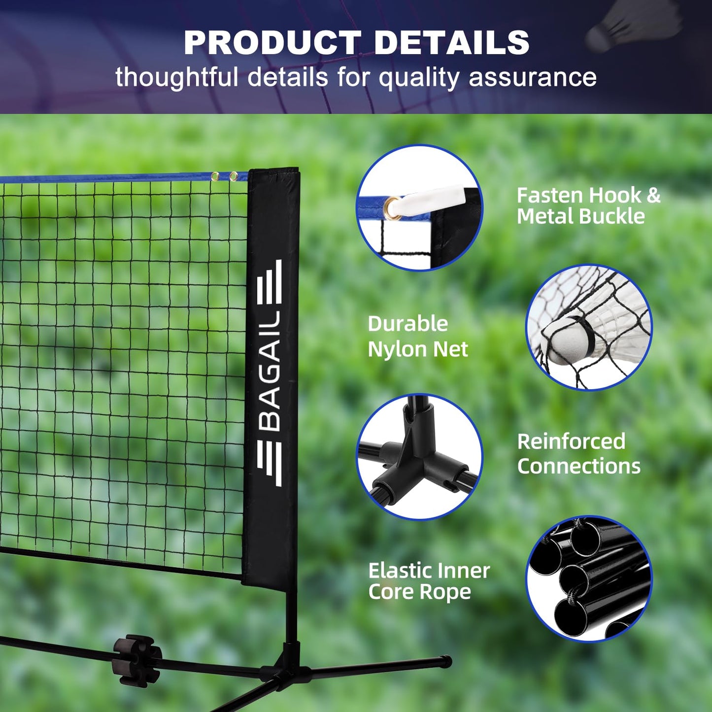 BAGAIL Badminton Net, Foldable Nylon Net, Hieght Adjustable Stand and Portable Carry Bag, Easy to Assemble or Disassemble, Ideal Recreational Sports