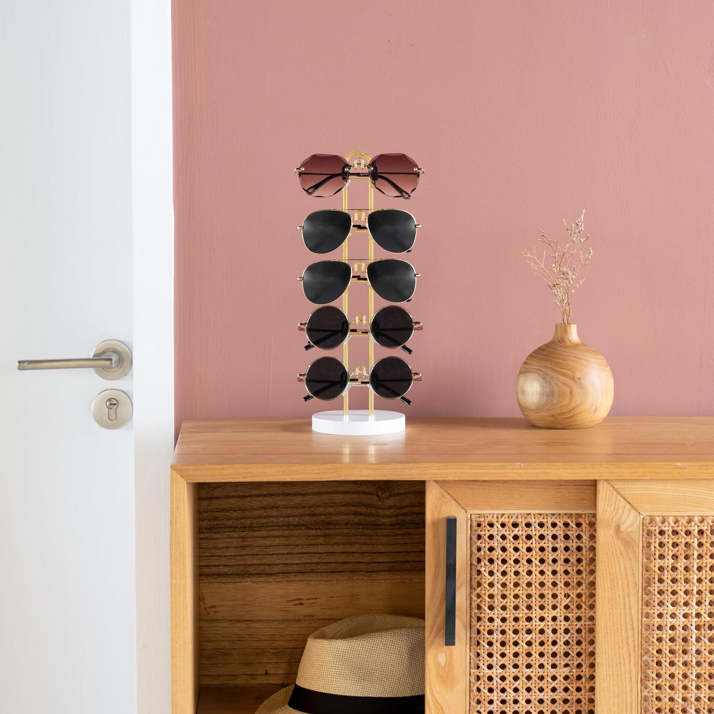 Mkono Sunglasses Organizer Glasses Holder Stand Sunglass Storage Eyeglasses Rack Metal Frame with Wood Base for 5 Pairs of Eyewear Display for Table