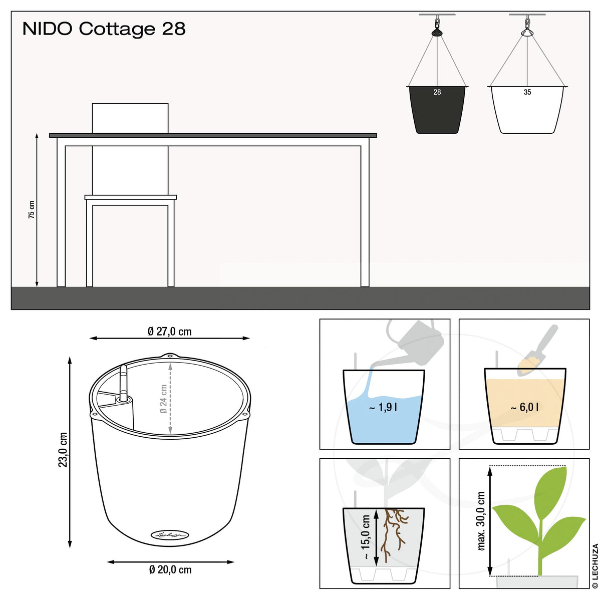 Lechuza Self Watering Hanging Plant Pots NIDO Cottage 28 Rattan Look Plastic Outdoor Indoor Planter with Drainage Hole D27 H23 cm Granite