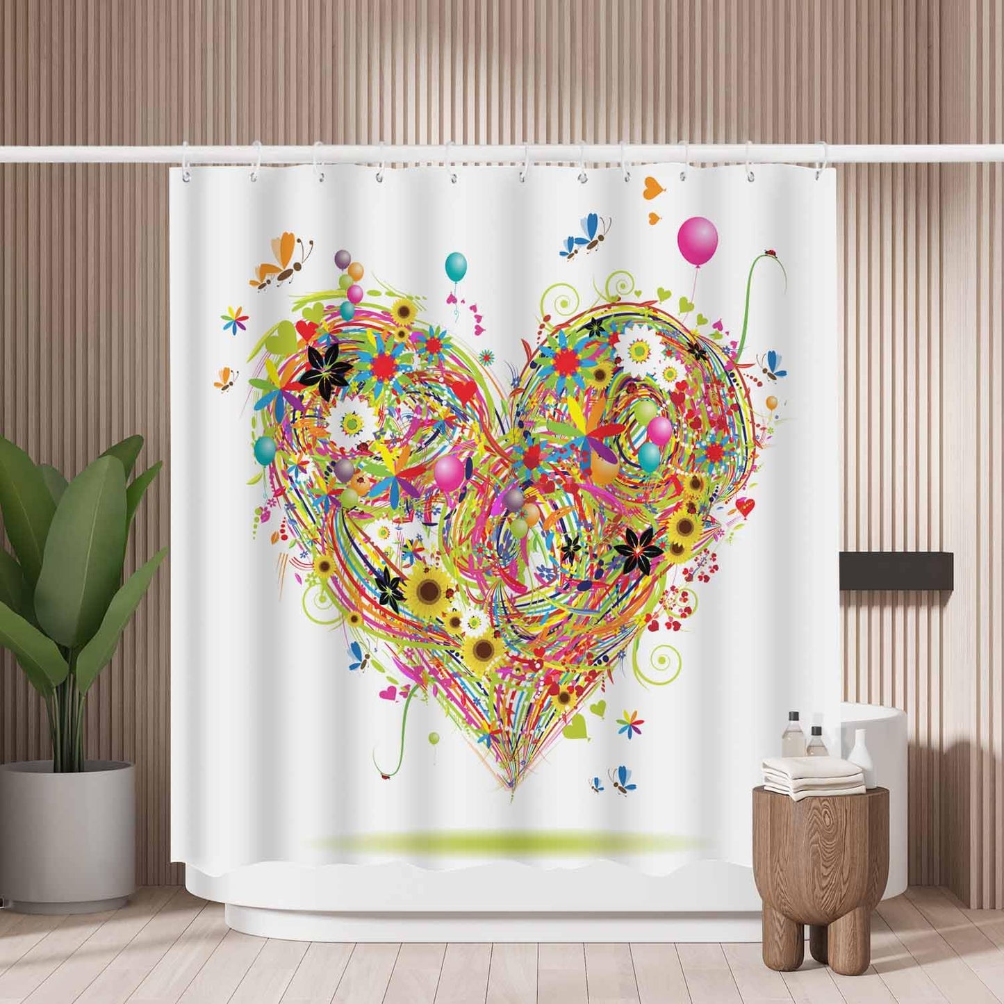 Woutay Shower Curtain Mould Proof Resistant Heart Shape Happy Summer,Water Repellant Fabric,Polyester,with 12 Plastic Hooks