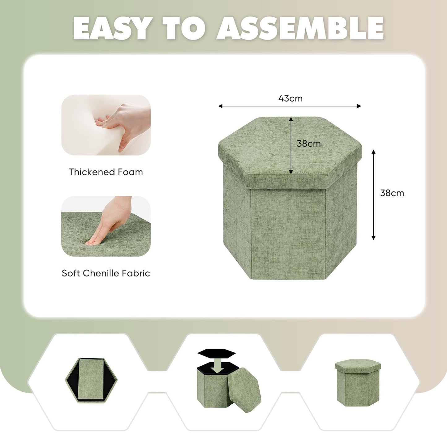 Bonlife Folding Storage Ottoman Hexagonal, Footrest with Toy Ches Box, 43cm