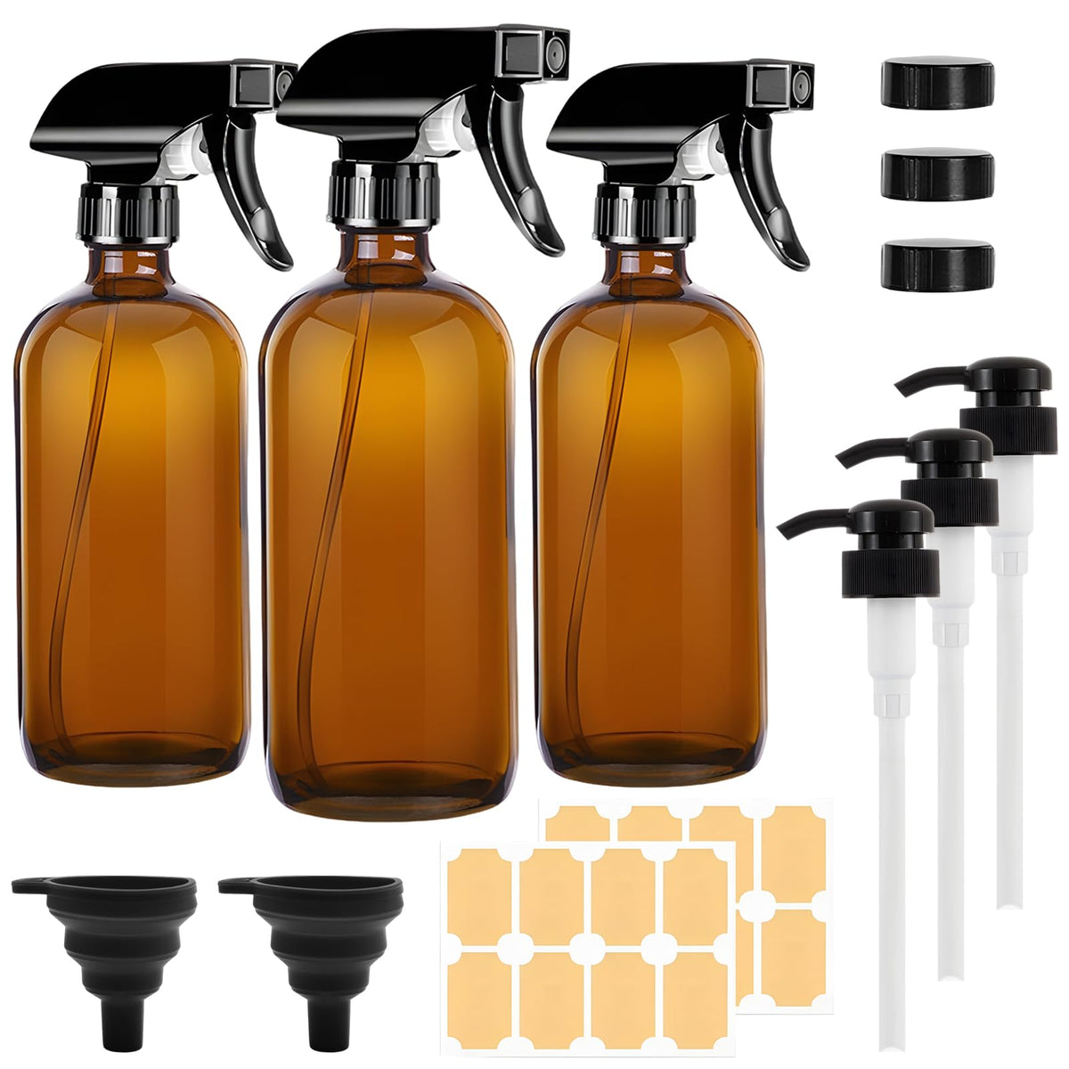 Amber Glass Spray Bottles 500ml, 3Pcs Glass Spray Bottles for Cleaning with Adjustable Nozzles, Labels & Accessories, Plants, Essential Oils