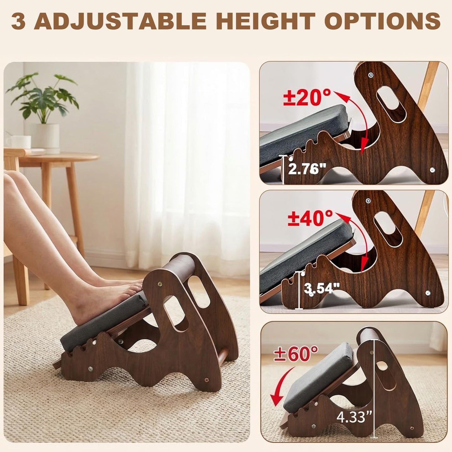 Adjustable Wooden Foot Rest Under Desk,3 Height Settings