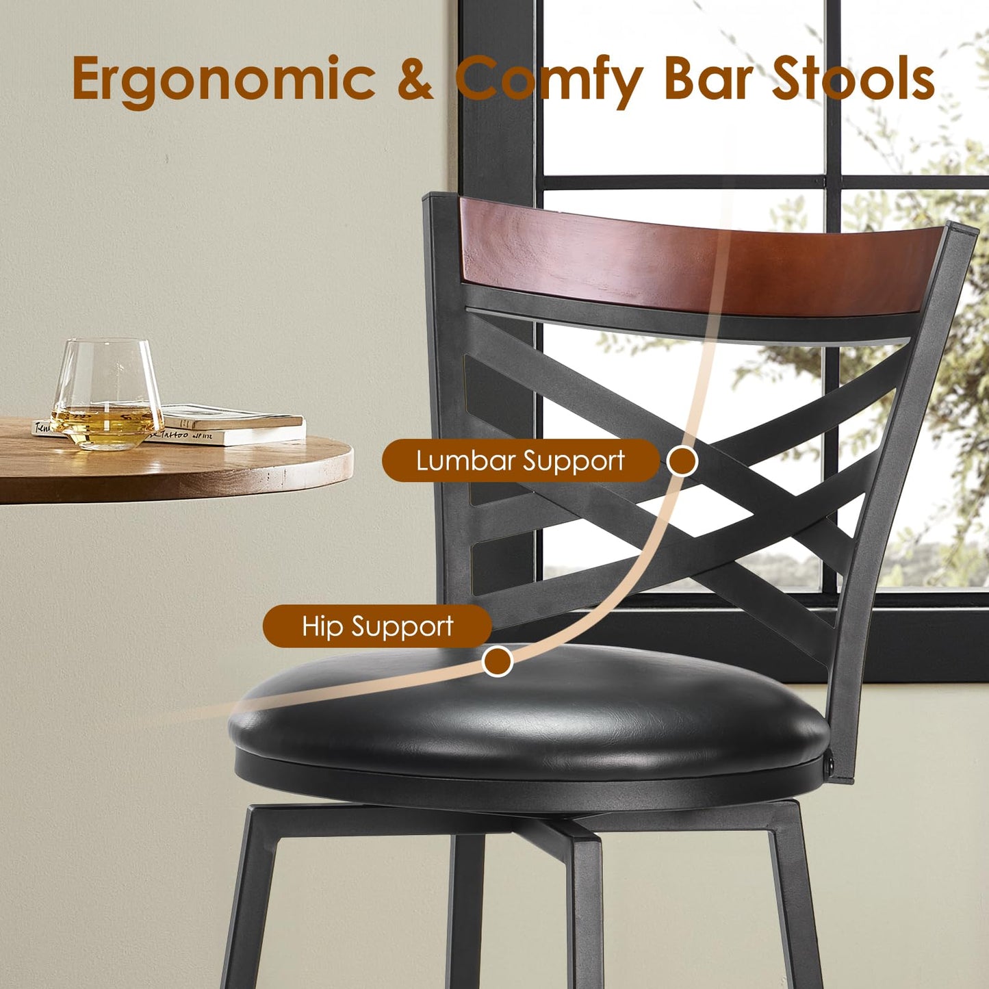 Farini Swivel Bar Stools Set of 2, Country Style Chairs with Back and Footrest for Kitchen Island, Pub, Restaurant