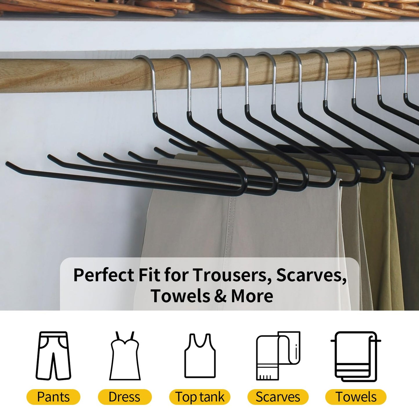 Hangerman 20 Pack Trouser Hangers - Open-Ended Metal Pants Hangers for Trousers, Jeans, Scarves, Towels, Space Saving Non-Slip Coating Design (Black)