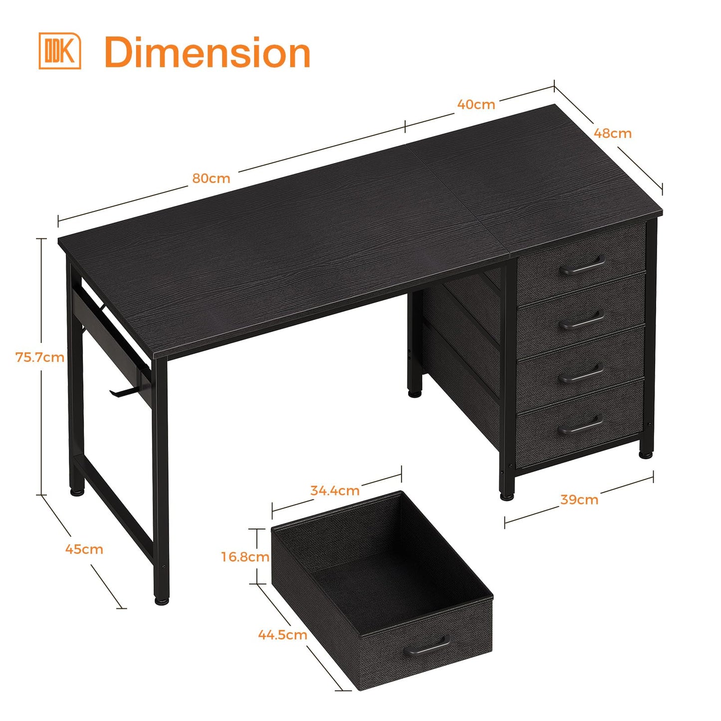 ODK Computer Desk with Drawers, Reversible Office Desk, 120 x 48 cm, Black