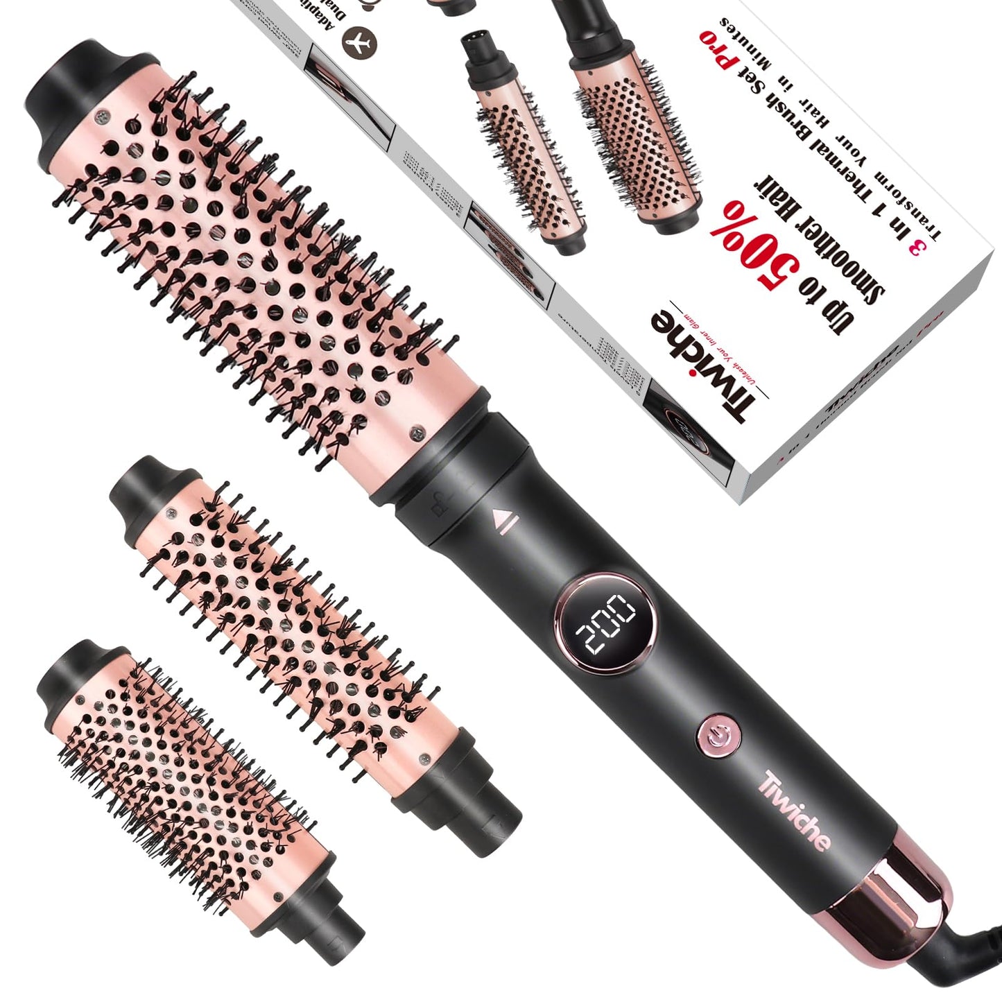 Tiwiche Thermal Brush Set, 3-in-1 Non-Blowing Heated Round Brush with Adjustable Temp, Fast Heating Titanium Ceramic, Dual Voltage, Hair Curling Iron