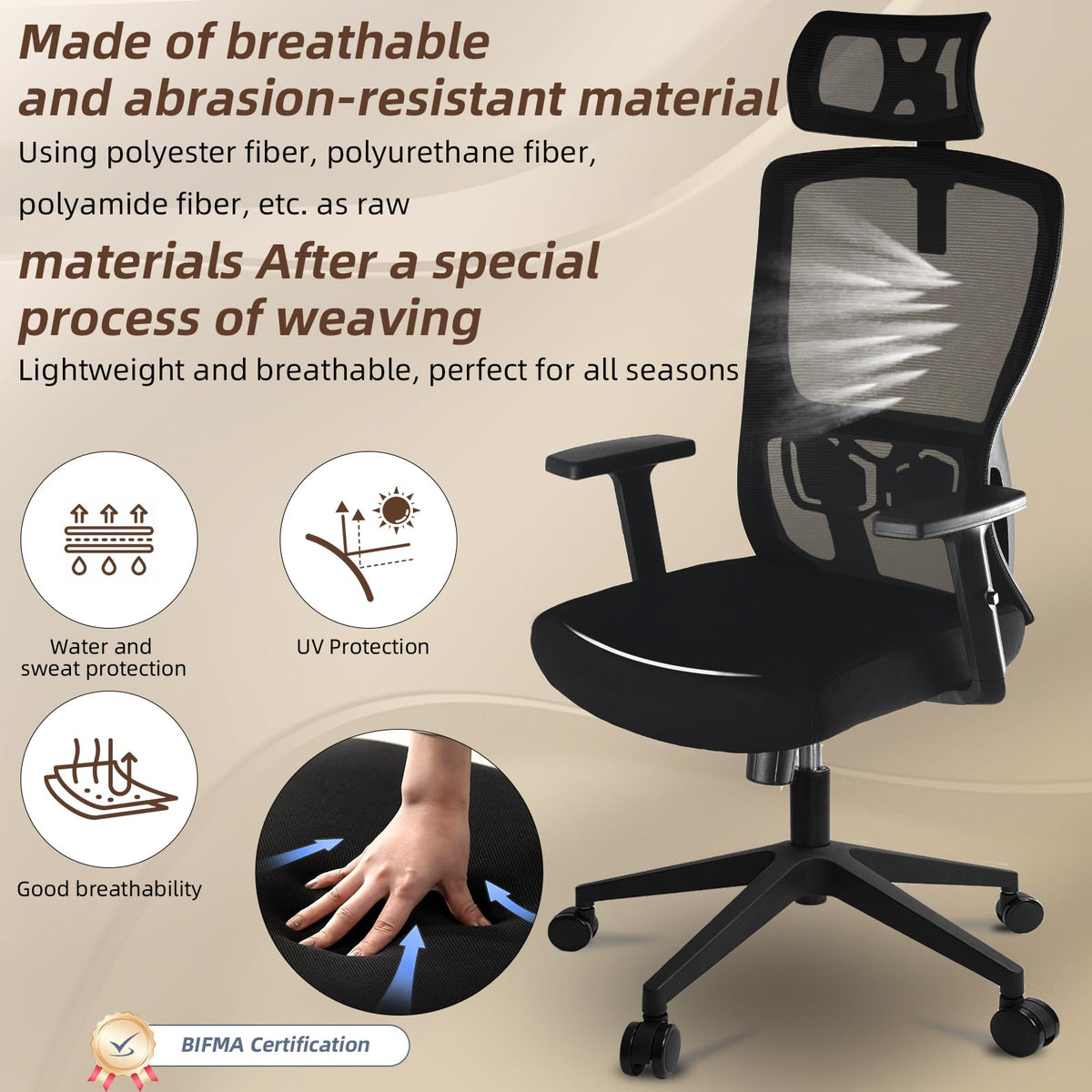 Durrafy Office Chair, Desk Chair with Adjustable Headrest, Lumbar support and Liftable Armrest, High Back Ergonomic Office Chair