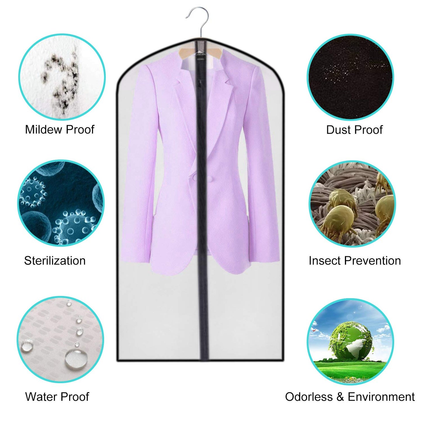 Moth Proof PEVA Zip Garment Bags,Translucent Waterproof Clothes Dust Covers, 6pcs 60 * 100cm Wardrobe Storage