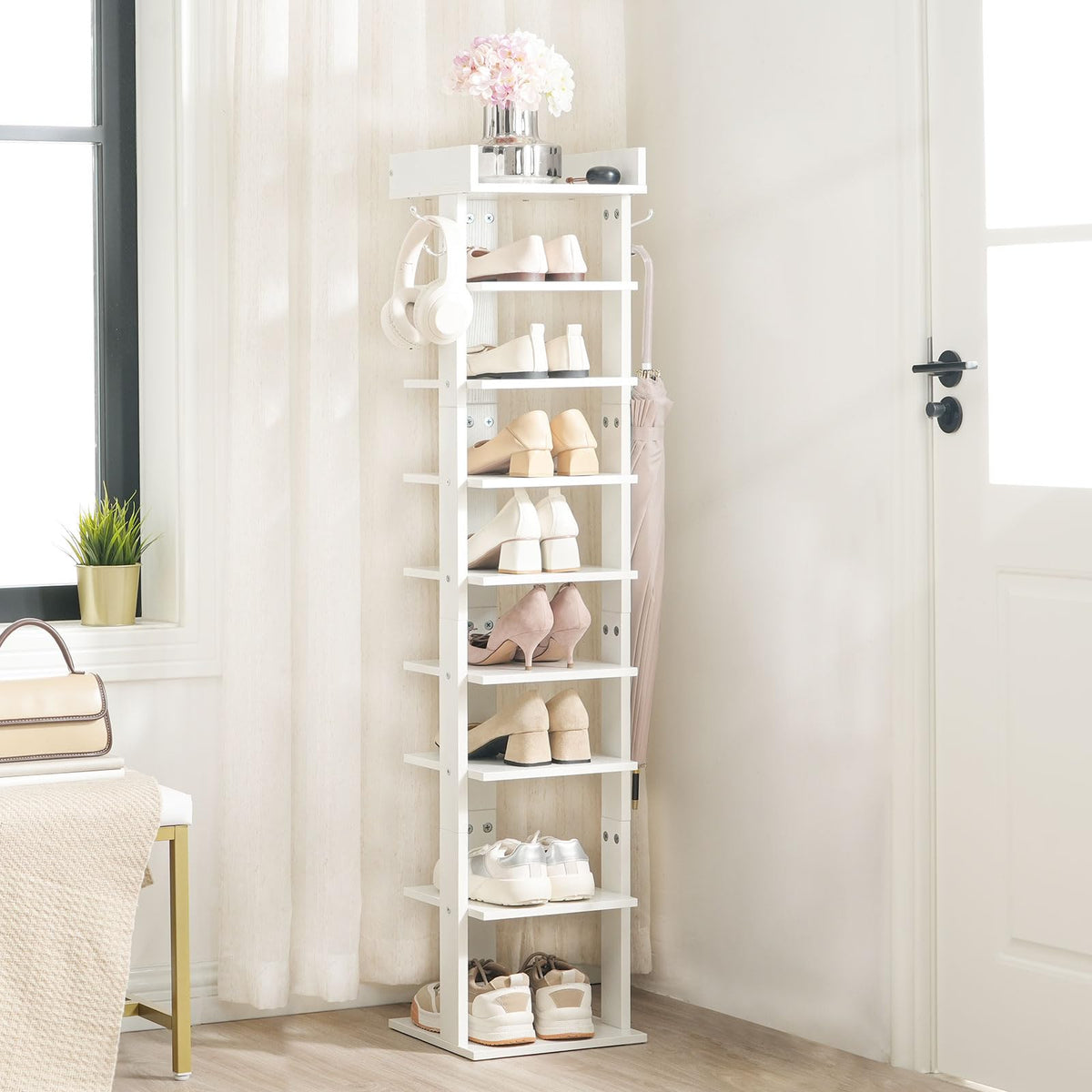 HOOBRO Narrow Shoe Rack, 9-Tier Tall Shoe Rack, Wooden Shoe Storage Organizer with 2 Hooks, Slim Shoe Shelf, Vertical Shoe Tower for Entrance, Living
