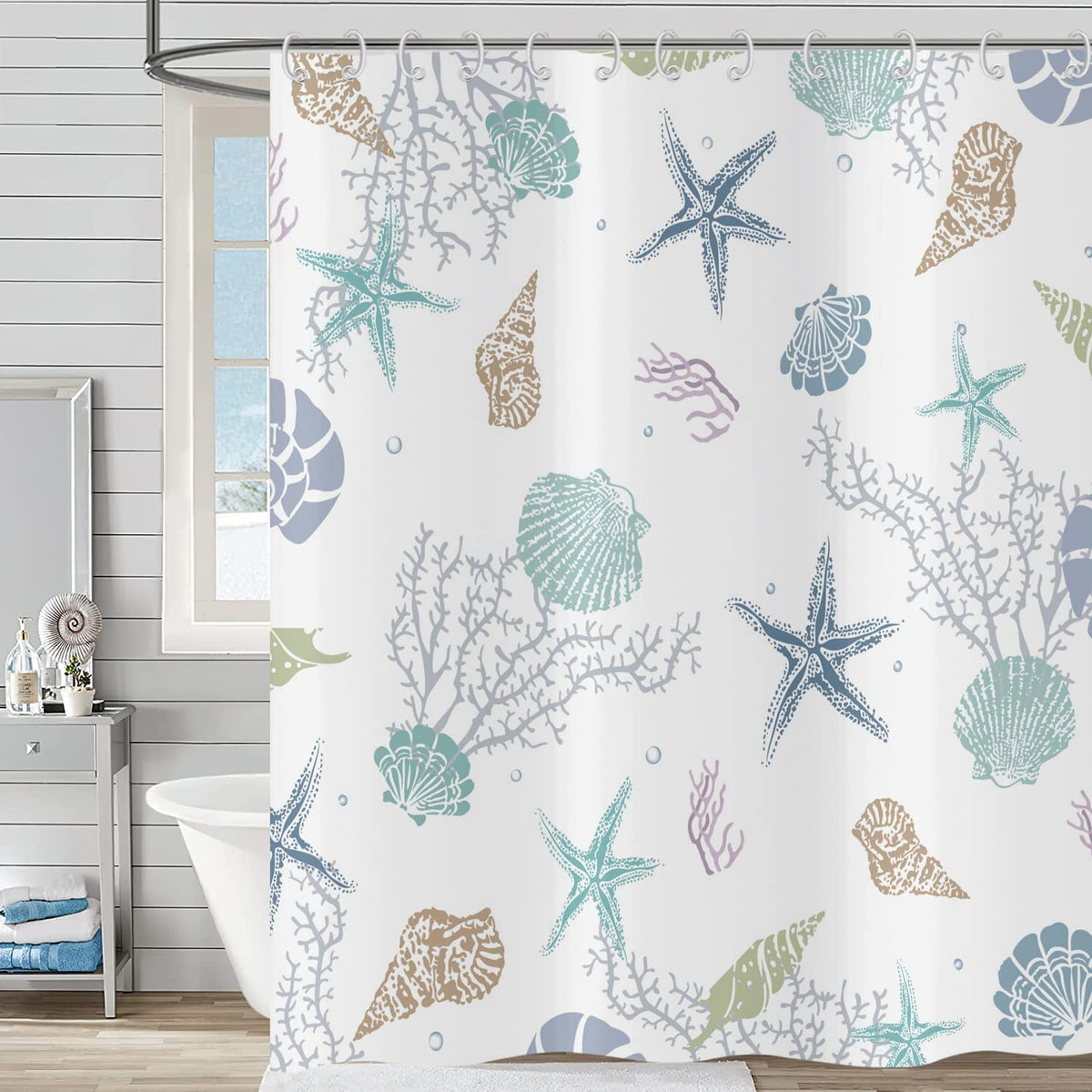 Hnmdmyi Coastal Nautical Shower Curtain 180x200, Beach Themed Starfish Seashell Conch Coral Bathroom Curtains Ocean Marine Life Waterproof Polyester