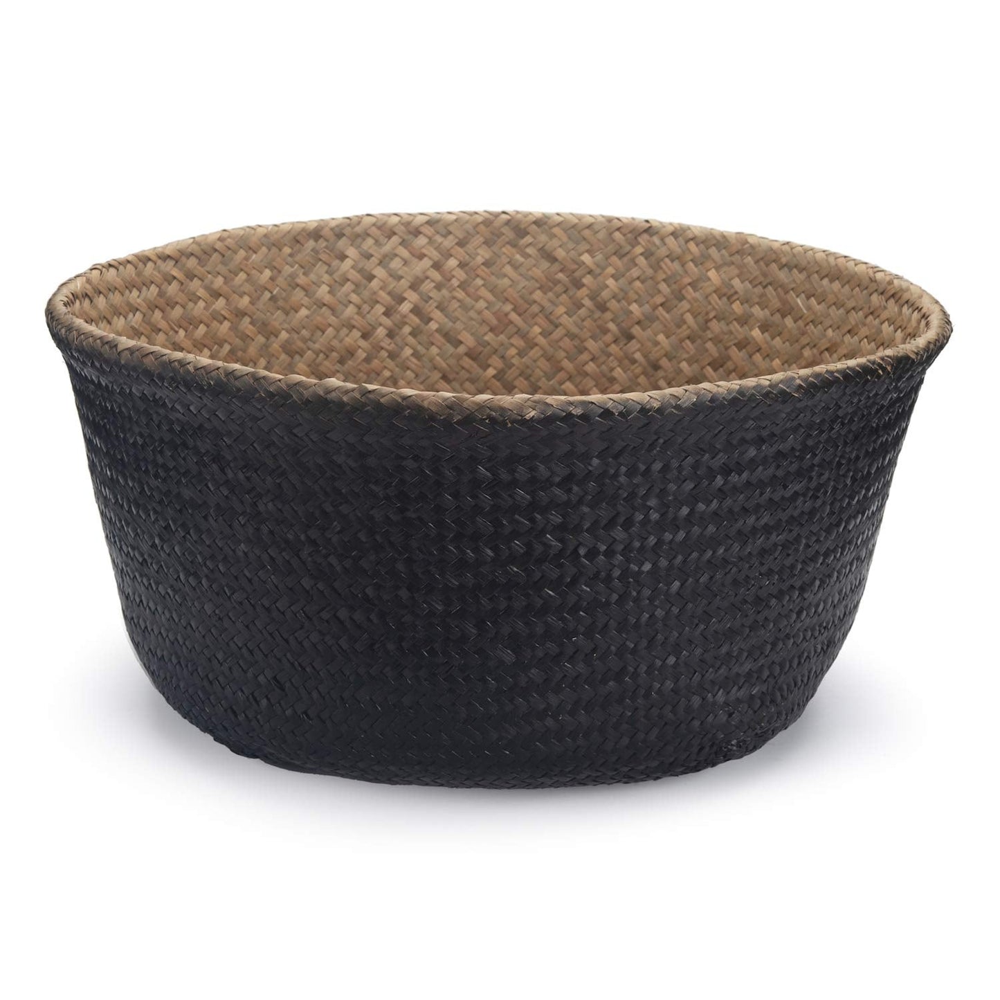 Seagrass Belly Basket Natural Woven Plant Pot Foldable with Handles for Storage Laundry Blankets Toys (Natural + Black)