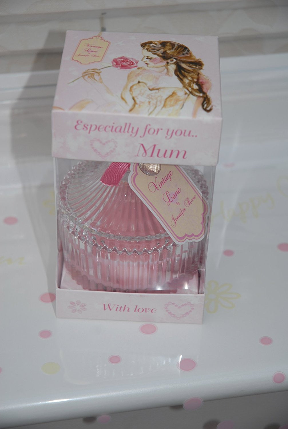 Vintage Lane Mum Rose Candle in a Glass Jar by Jennifer Rose Gift Wrapped in a Lovely Cellophane with Pink Bow