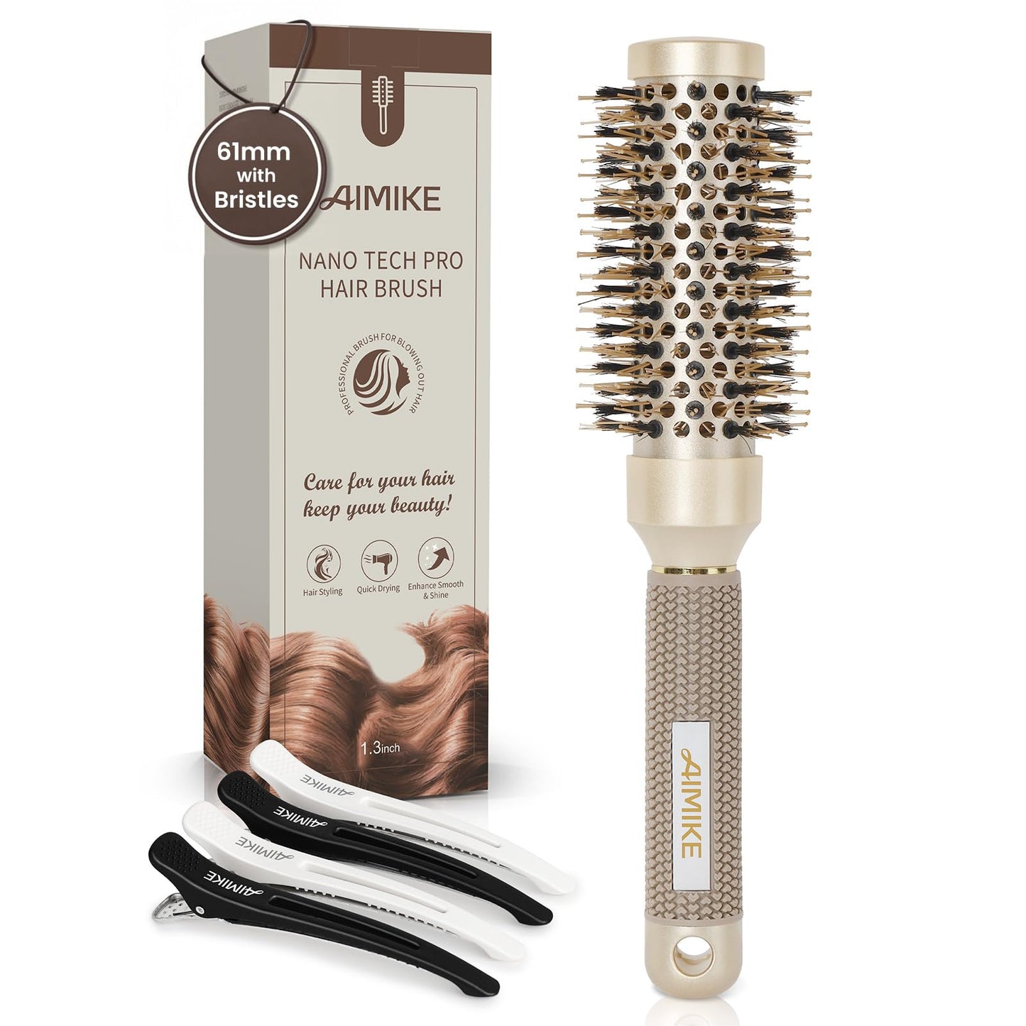 AIMIKE Round Hair Brush, Nano Thermal Ceramic & Ionic Tech Round Brush, round brushes for blow drying with Boar Bristles, Barrel Brush for Styling,
