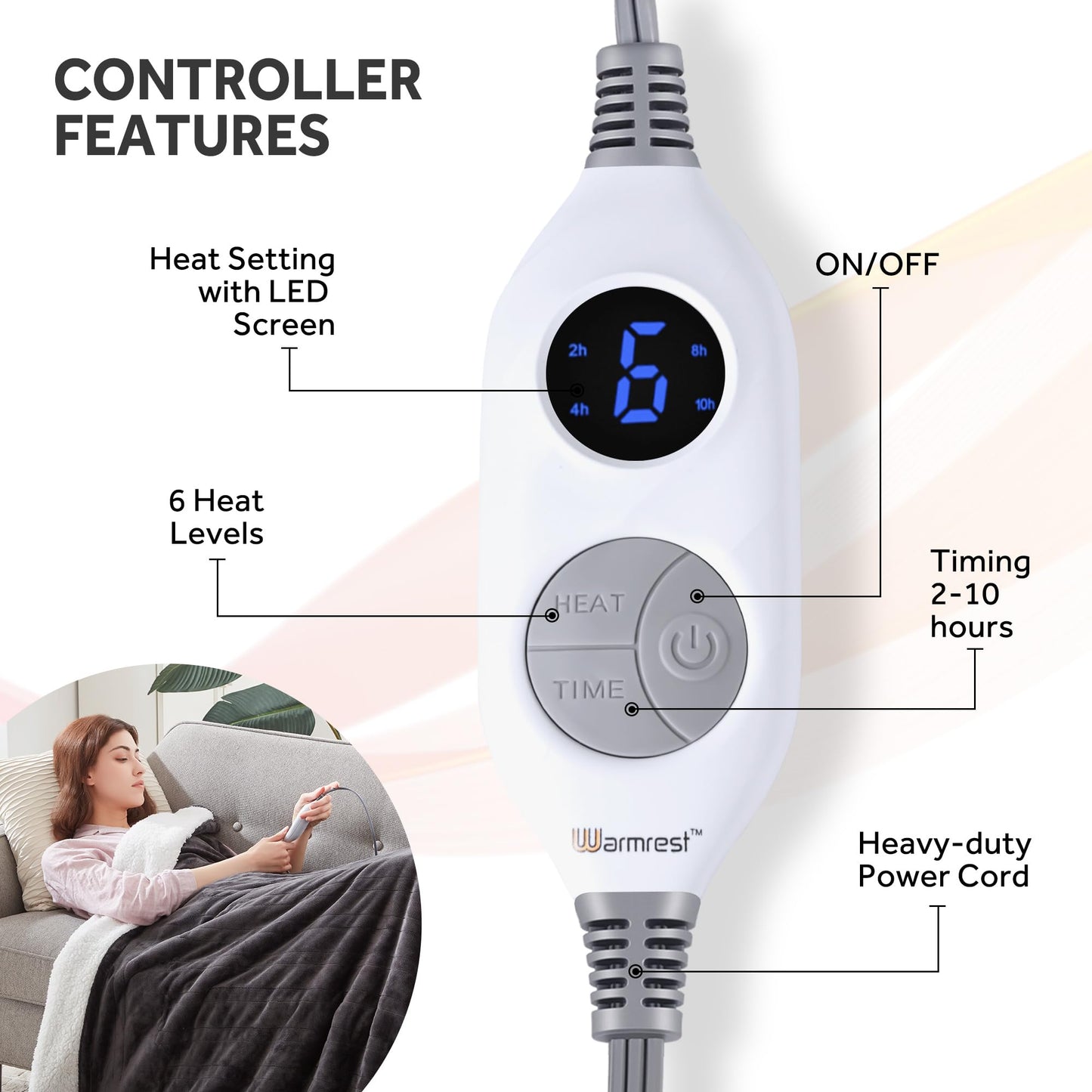 Warmrest Electric Heated Blanket Double Size Large Soft Flannel Sherpa, 6 Heat Levels Fast Heating, 1 to 10 Hours Auto-Off Detachable Controller