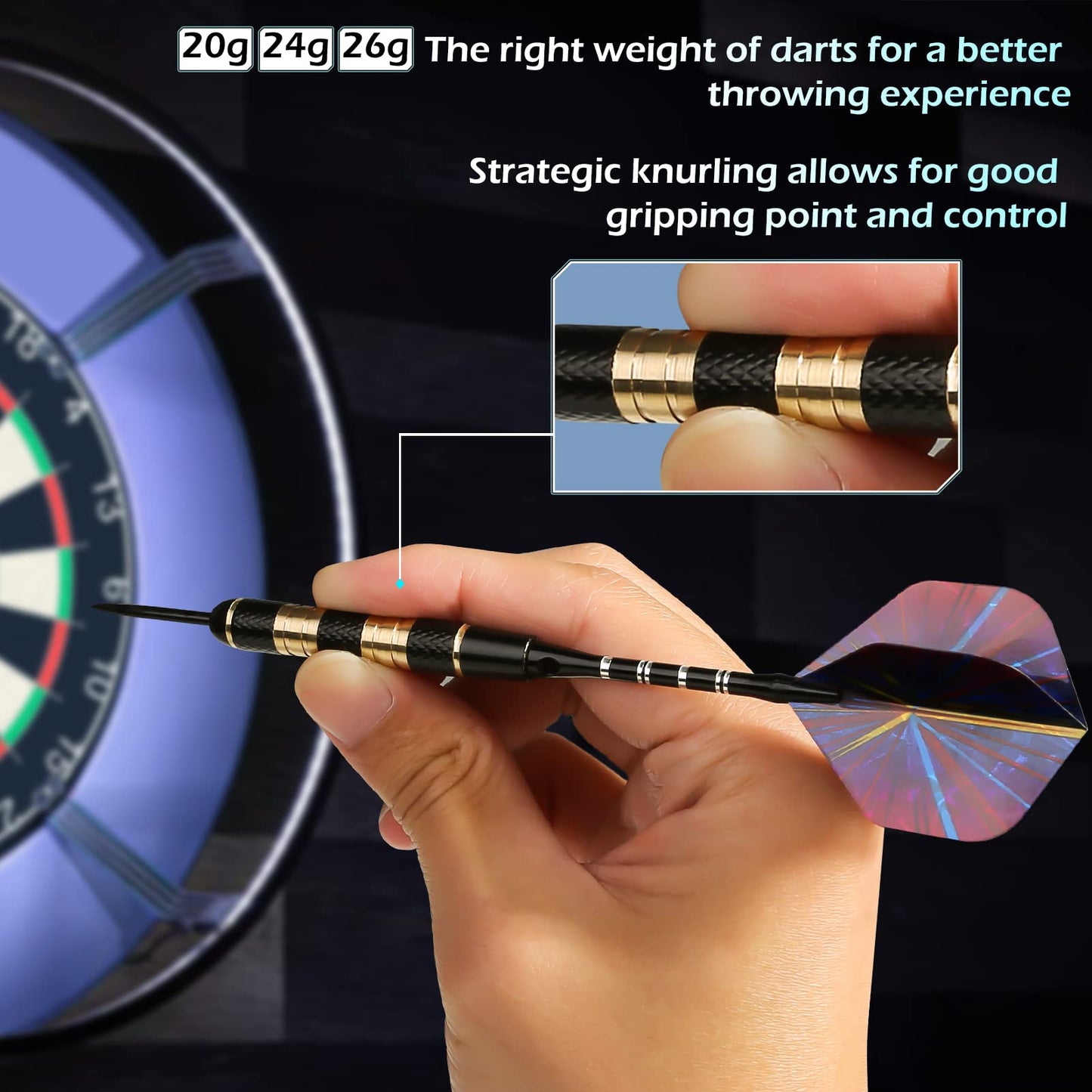 LANNEY Darts Metal Tip, Steel Tip Darts Set 20 Grams, 24 Grams and 26 Grams Professional Darts for Dartboard with Aluminum Shafts, Brass Barrels,