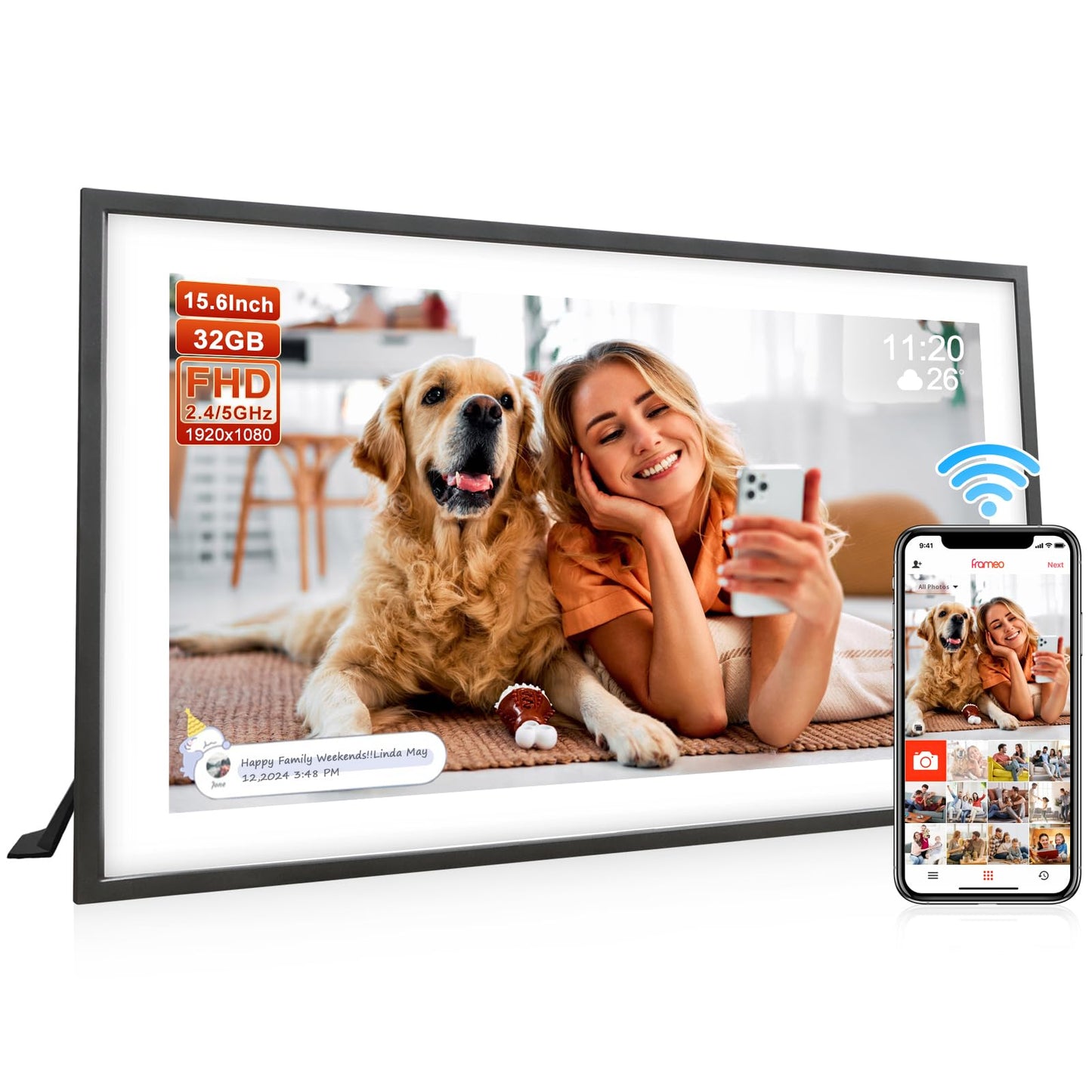 Frameo 15.6 Inch Large Digital Photo Frame, Digital Picture Frame with 32GB, 1920 * 1080 IPS HD Touch Screen,