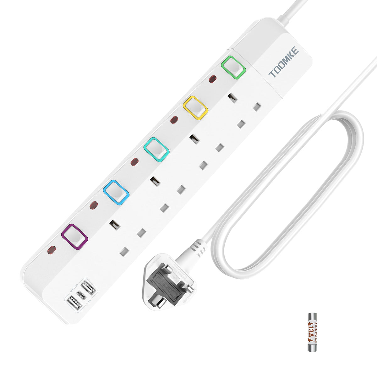 10M Extension Lead with Switches, 4 Way Extension Lead with 3 USB Ports (2 USB-A&1 USB C), Child Safety Protection Power Strip UK Plug Extension