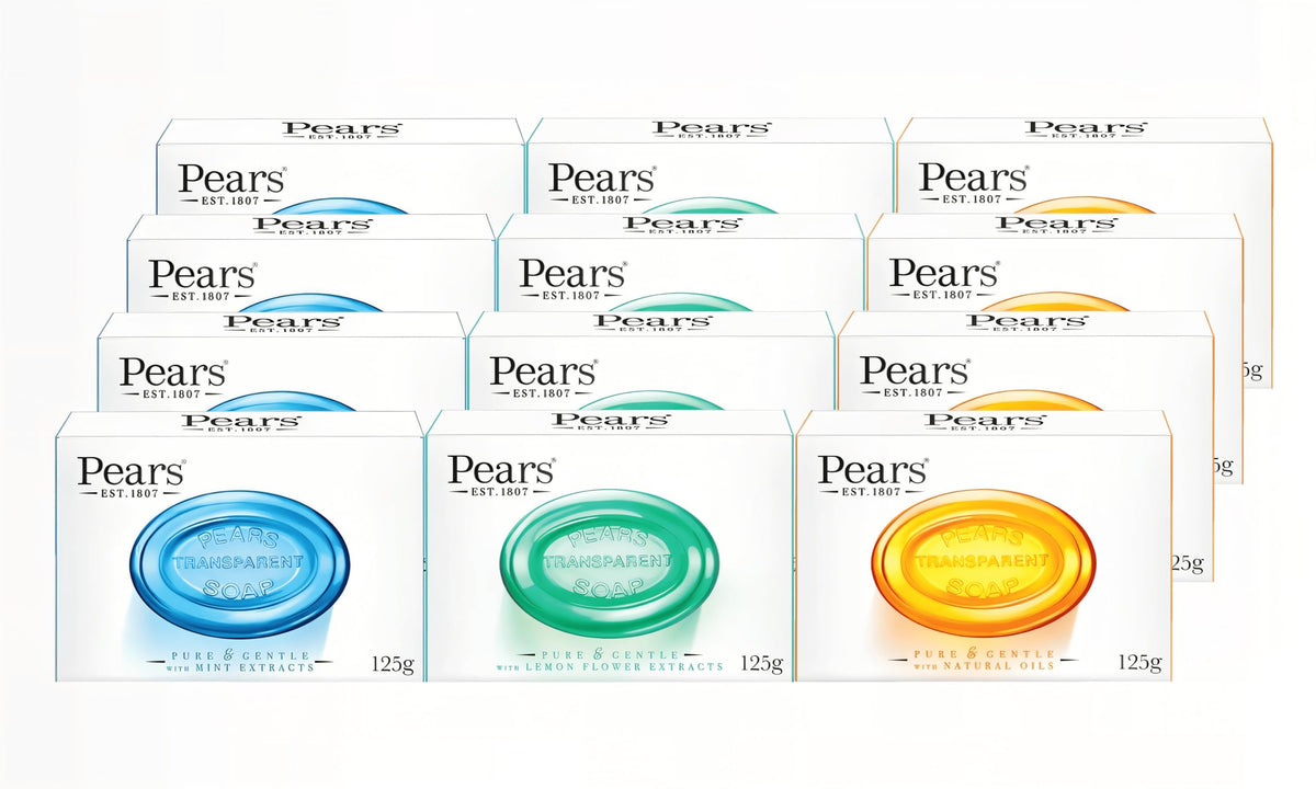 Pears Soap Bars Variety Multipack, Natural Oils (4) + Mint Extracts (4) + Lemon Flower Extracts (4), 125g Each, Pack of 12