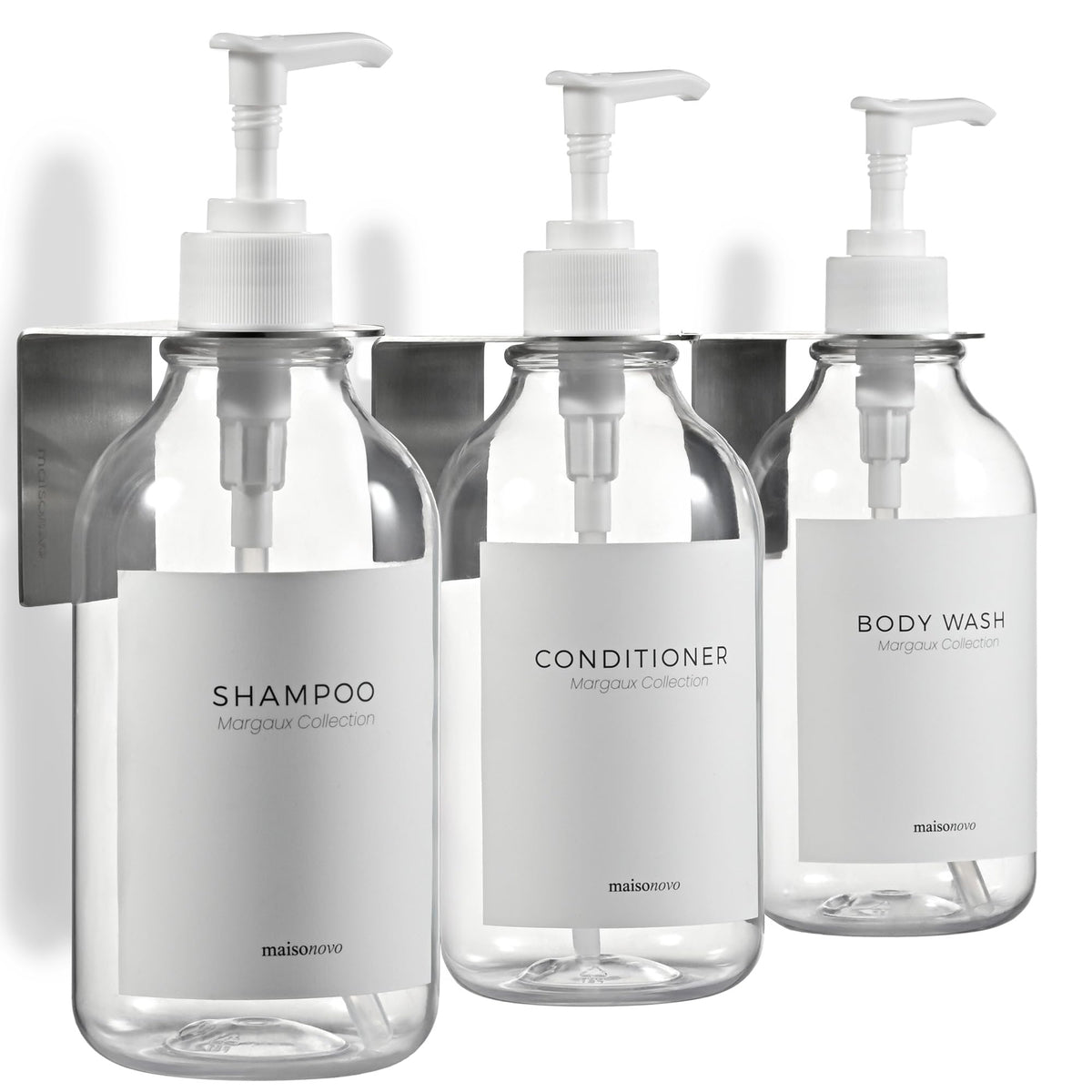 MaisoNovo Shampoo and Conditioner Dispenser - Set of 3 Shower Soap Dispensers Wall Mounted - 500ml Clear Plastic Bottles with White Pump - No Drill