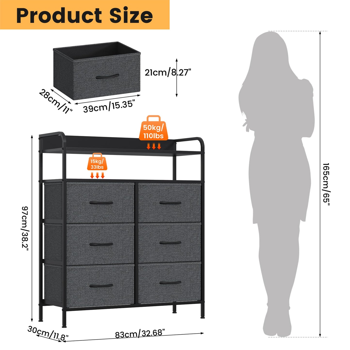 Feonase 6 Drawer Fabric Chest Of Drawers, Double Wooden Top Fabric Storage Tower - Sturdy Steel Frame Dresser for Bedroom/Living Room/Baby Room