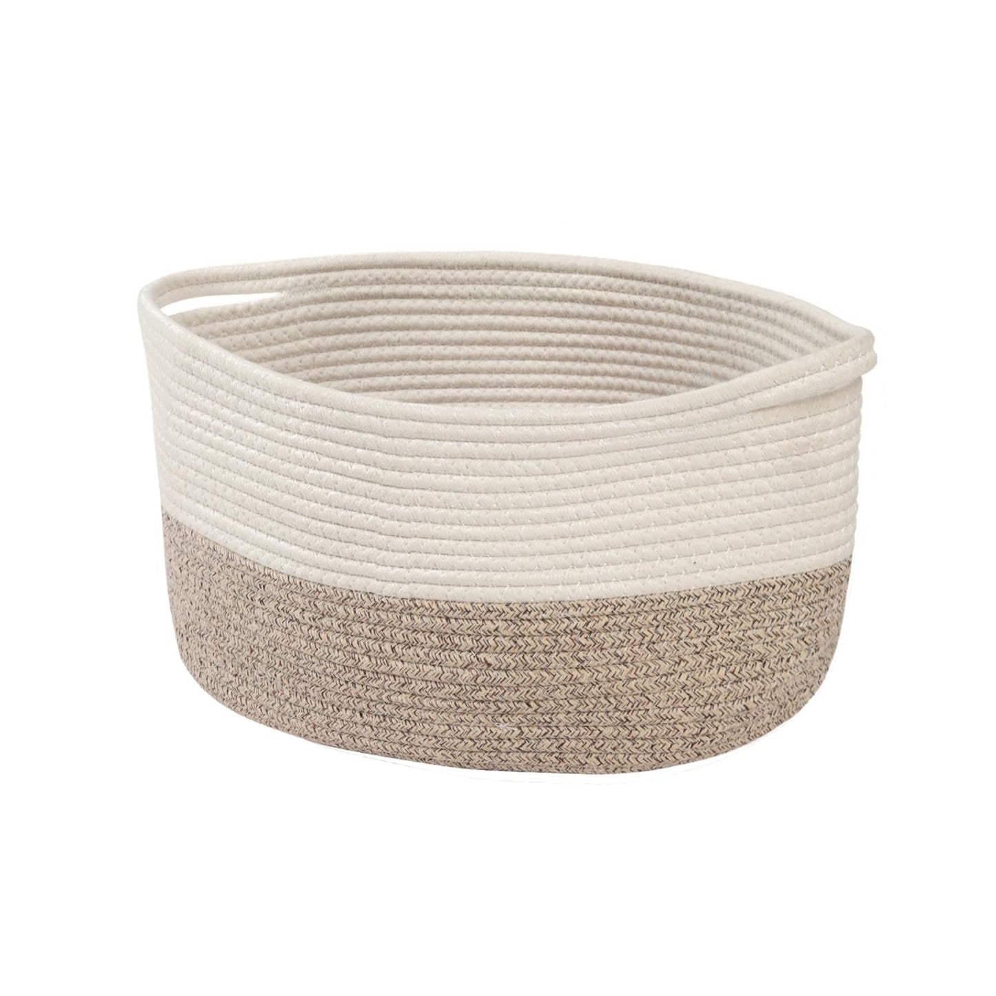 Pomodee White-Brown Cotton Rope Woven Storage Basket with Handle,34×28×24 cm,Storage Baskets for Gifts,Toys,Clothes,Books,Bathroom and Living Room