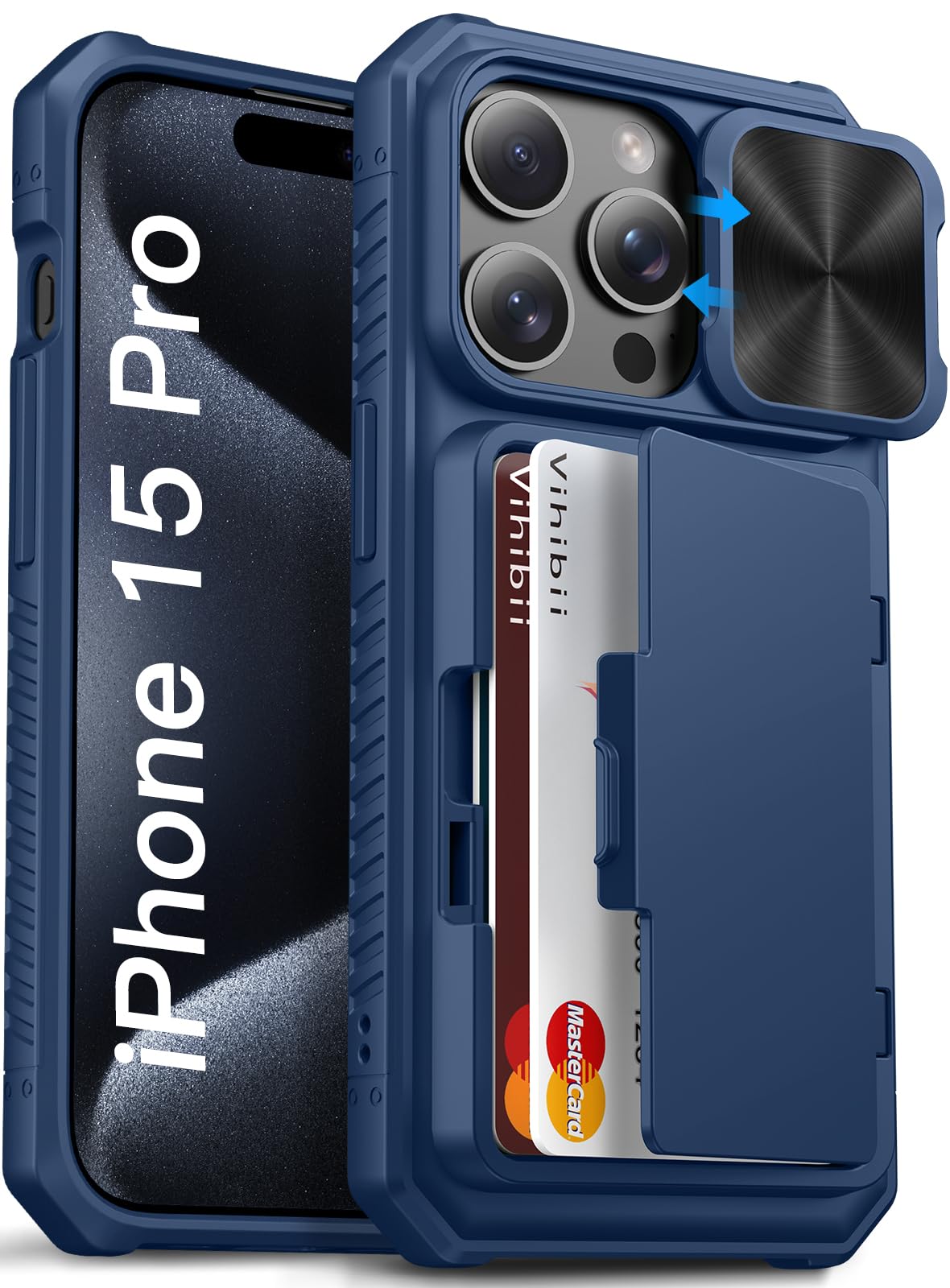 Vihibii for iPhone 15 Pro Wallet Case with Card Holder (4 Cards) & Slide Camera Lens Protective Cover & Kickstand, Heavy Duty Shockproof Rugged
