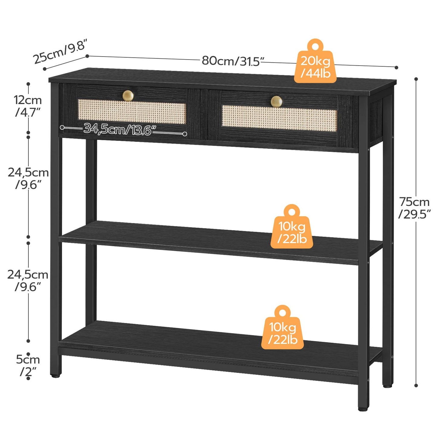 HOOBRO Rattan-Like Black Console Table, 3-Tier Hallway Table with 2 Flip-Down Drawers and Storage Shelves, 80 cm, Open and Hidden Storage Space