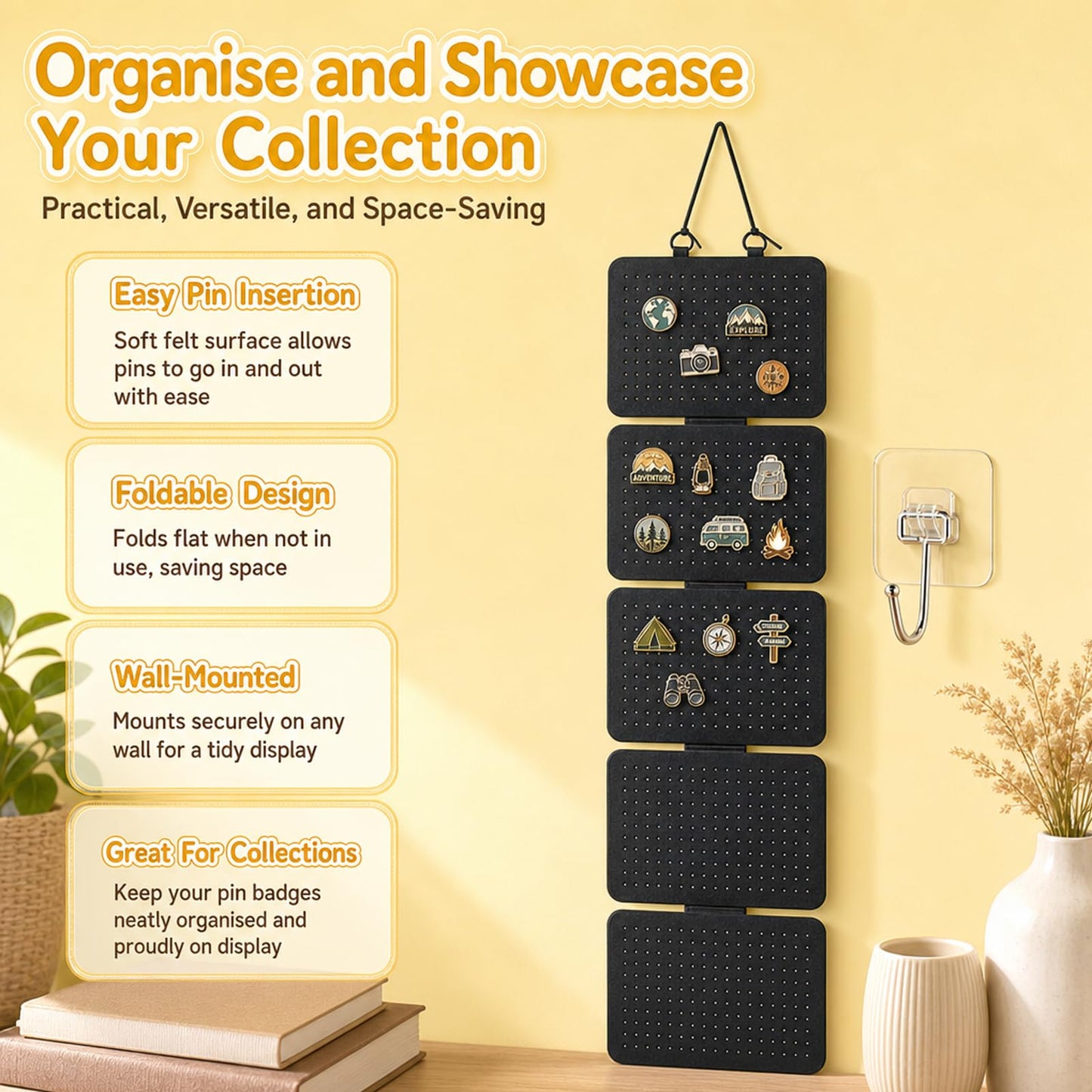2 Pack Pin Badge Display Pin Display Pin Board Pin Badge Holder Black Pin Board Wall Mounted Set with Hooks for Medal Organisation Badge Collection