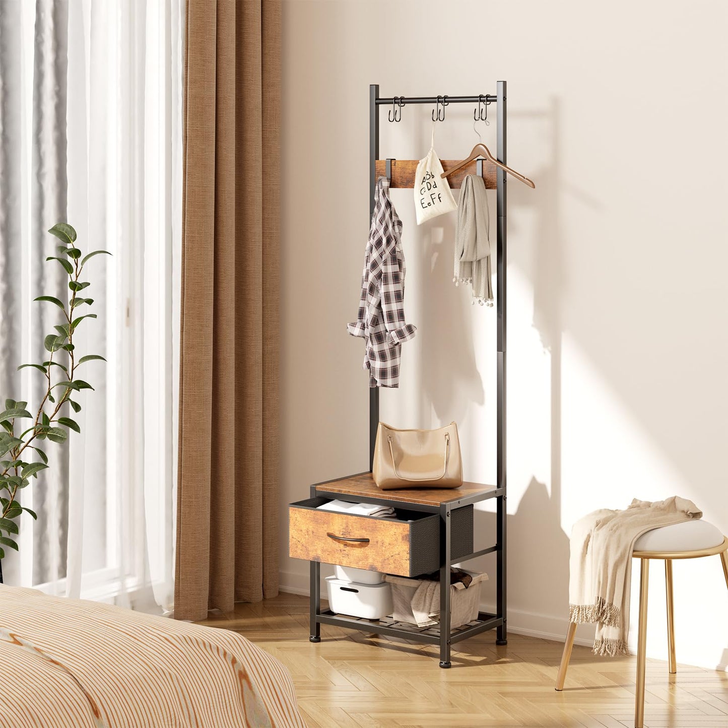 Narrow Coat Rack rustic Hall Tree 17.7"x12"x60.7" Rustic Brown