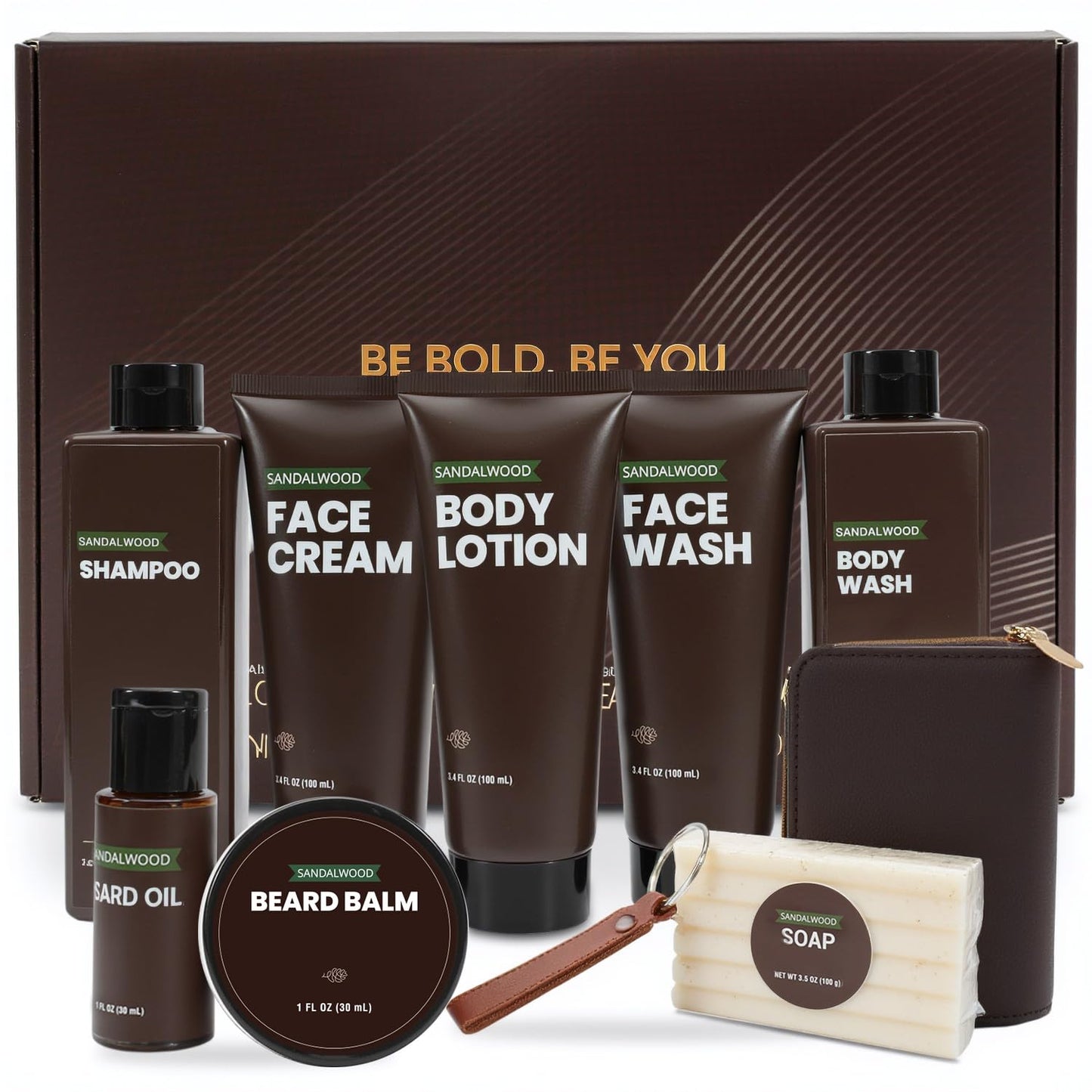 Gifts for Men Bath Sets10PCS Santal Grooming Kit Mens Gift Set For Wash, Beard Oil, Balm & Business Card Case, Unique Birthday Gifts for Him Father?s