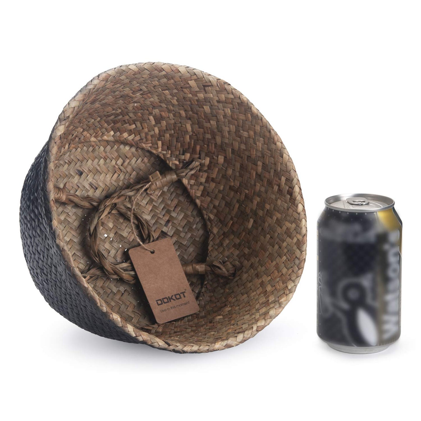Seagrass Belly Basket Natural Woven Plant Pot Foldable with Handles for Storage Laundry Blankets Toys (Natural + Black)