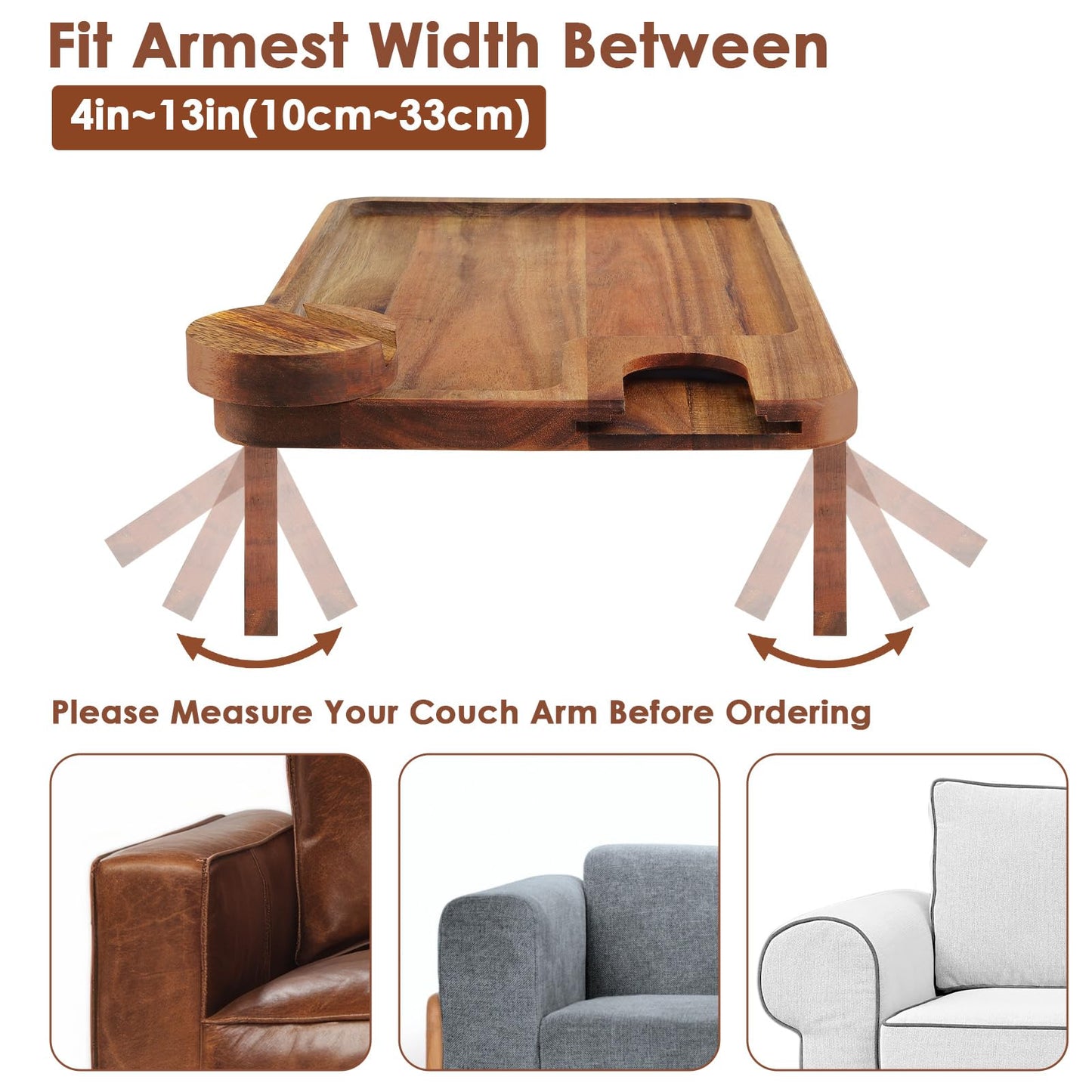 comfoyar Sofa Arm Tray, Foldable Acacia Wood Clip On Sofa Armrest Table