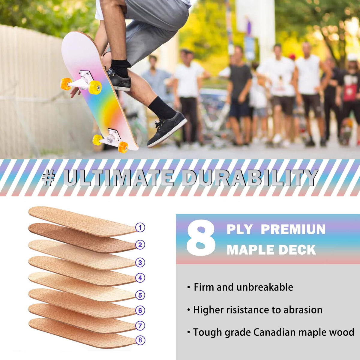 Skateboard,31 x 8 Inch Complete Skateboard, 8-Layer Maple Wood Deck Double Kick Standard Skateboards for Kids, Teens, Adult, Beginner (Rainbow-CX)