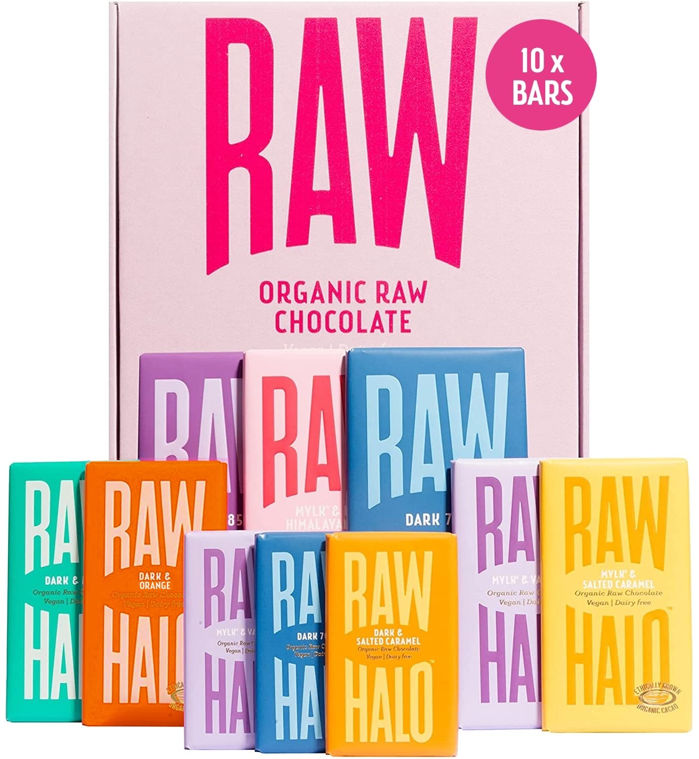 Vegan Chocolate Bar - Raw Halo - Dark & Mylk Collection -10 Bars - Organic, Dairy & Gluten Free