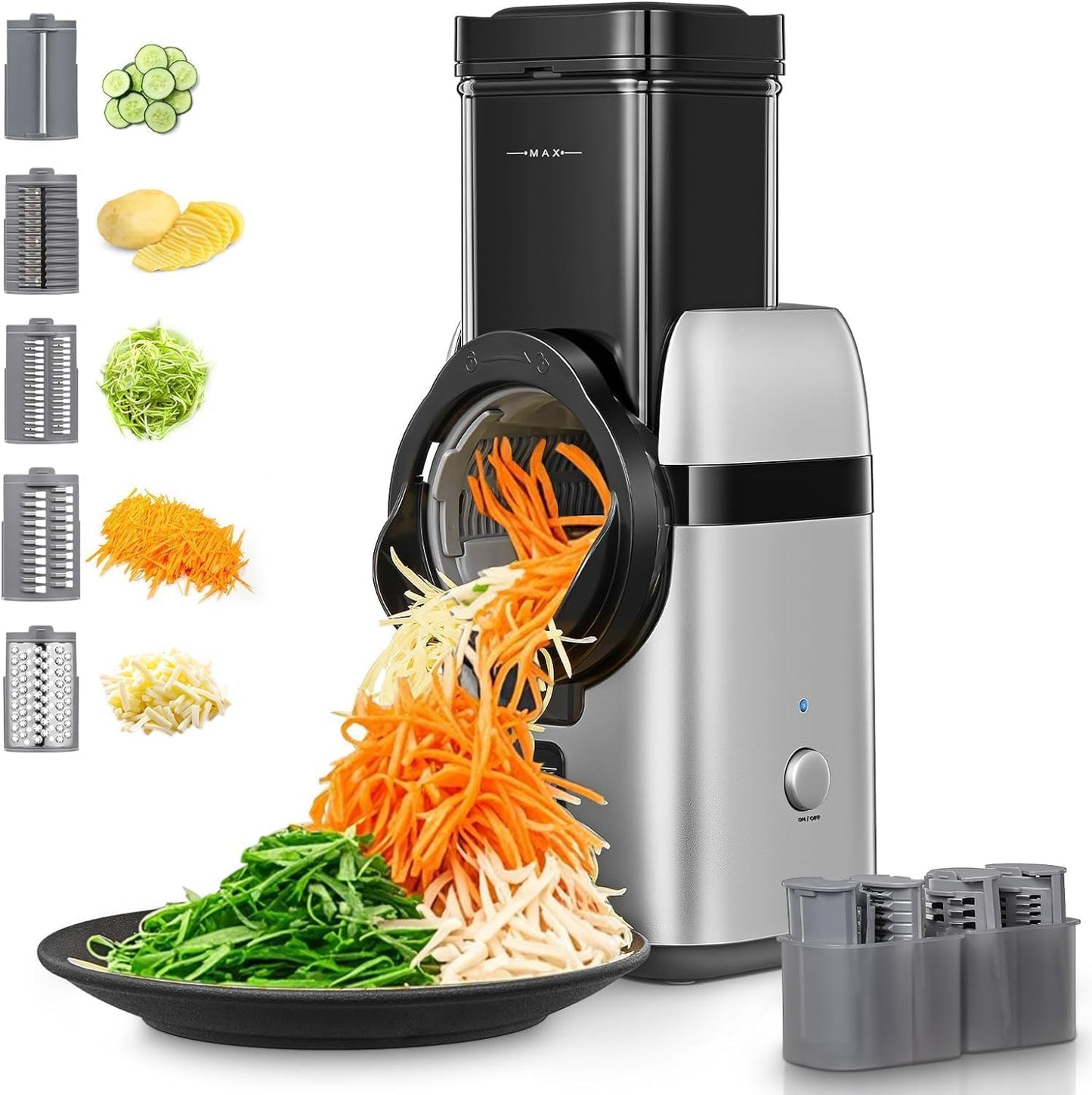 FOHERE 5 in 1 Electric Cheese Grater, Large Feed Chute Electric Grater Vegetable Shredder with Multi Replaceable Blades and Storage Box,Cheese Slicer