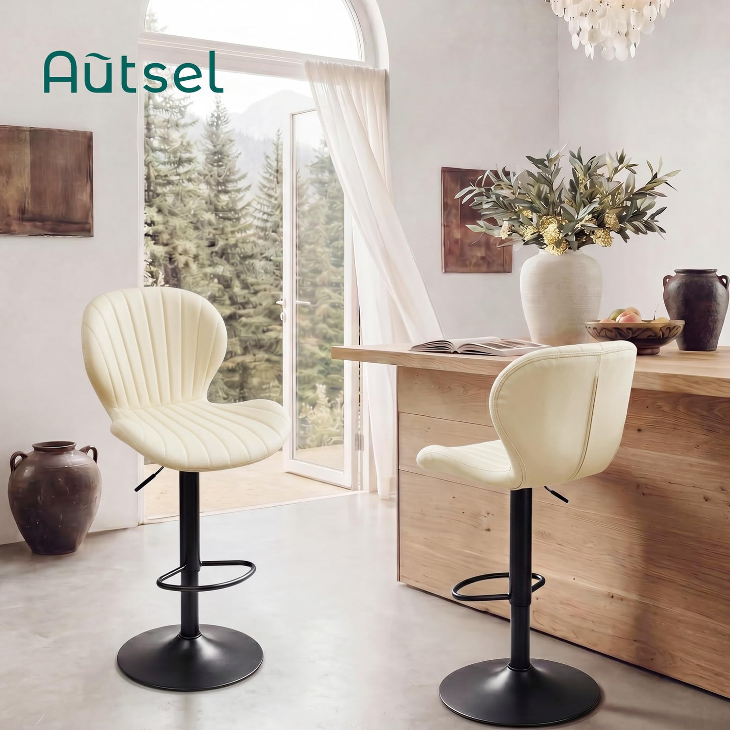 Bar Stools Set of 2, 360°Swivel Bar Chairs, Kitchen Dining Stools, Beige