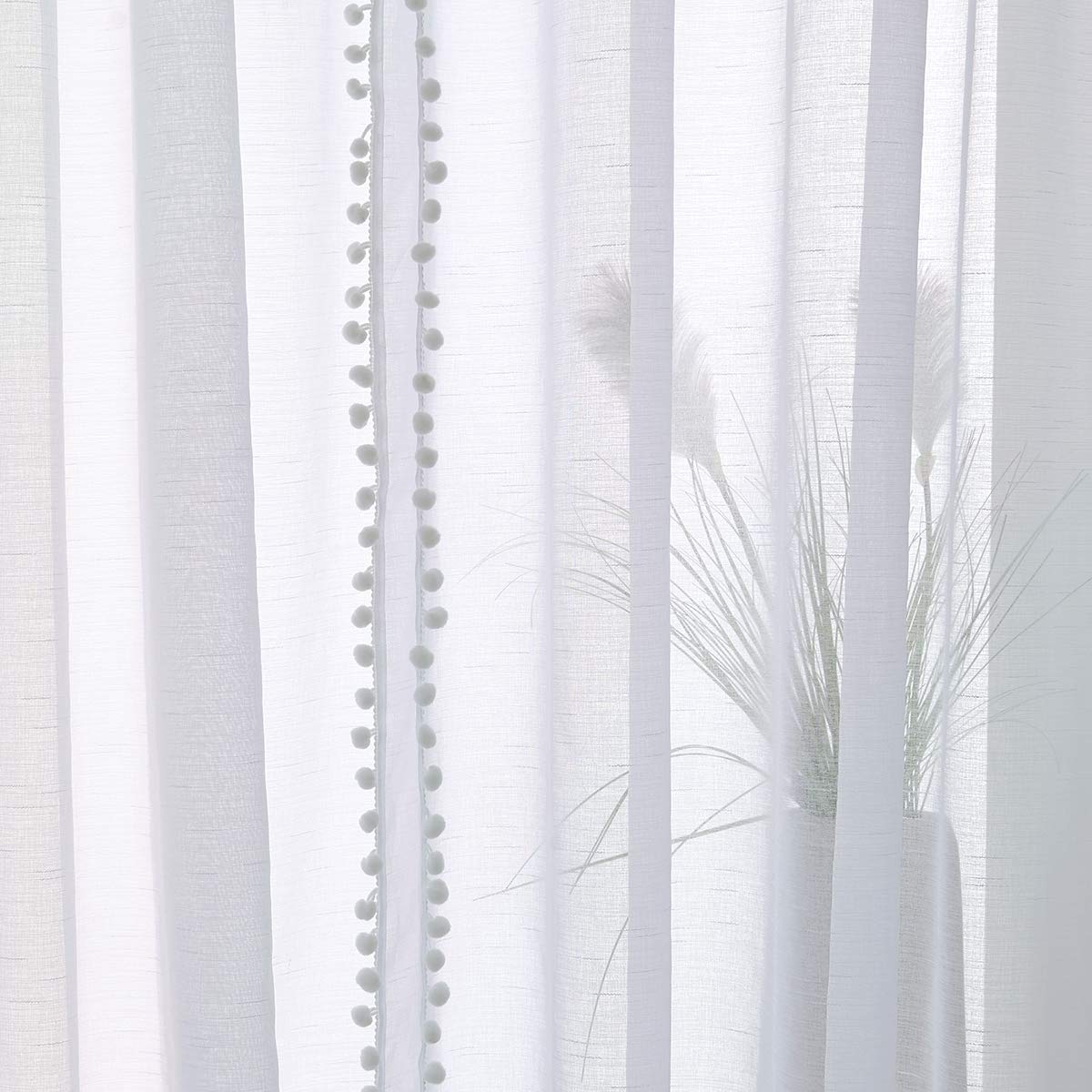 Snow White Sheer Curtains 52 x 90 Inch Bedroom Decorative Pompom Trimmed Voile Window Curtain for Living Room Light Weight Linen Look Solid Pencil