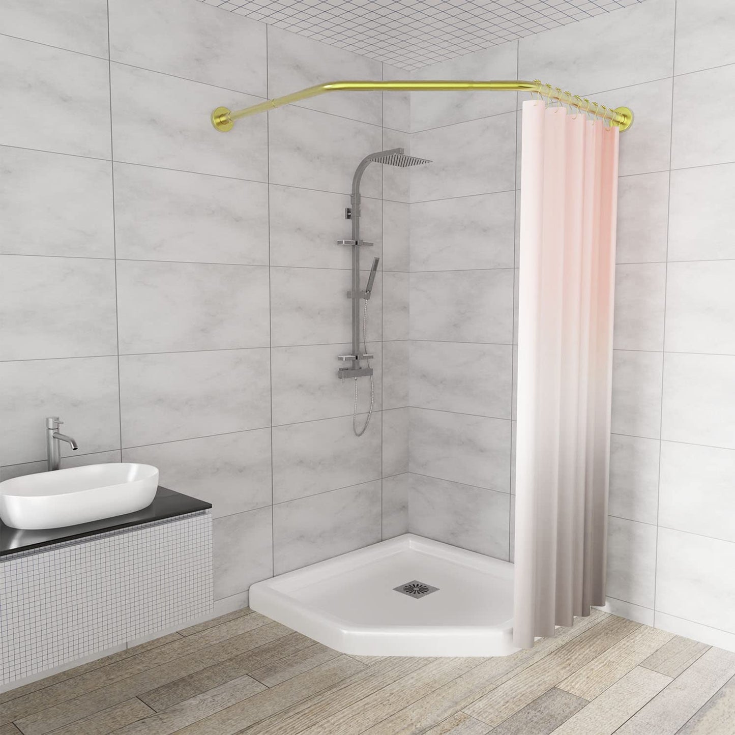 Diamond Shaped Shower Curtain Rail Rack (Both Sides: 43-65cm, Middle:51-66cm) Stretchable True 304 Stainless Bathroom Bathtub Corner Rack Gold