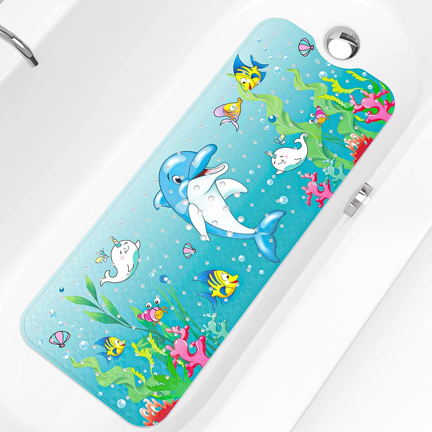 Baby Bath Mat Non Slip Anti Mould - 100x40cm Extra Long Kids Toddler Bathtub Shower Mat with Suction Cups, Drain Holes & Cartoon Pattern, Soft on